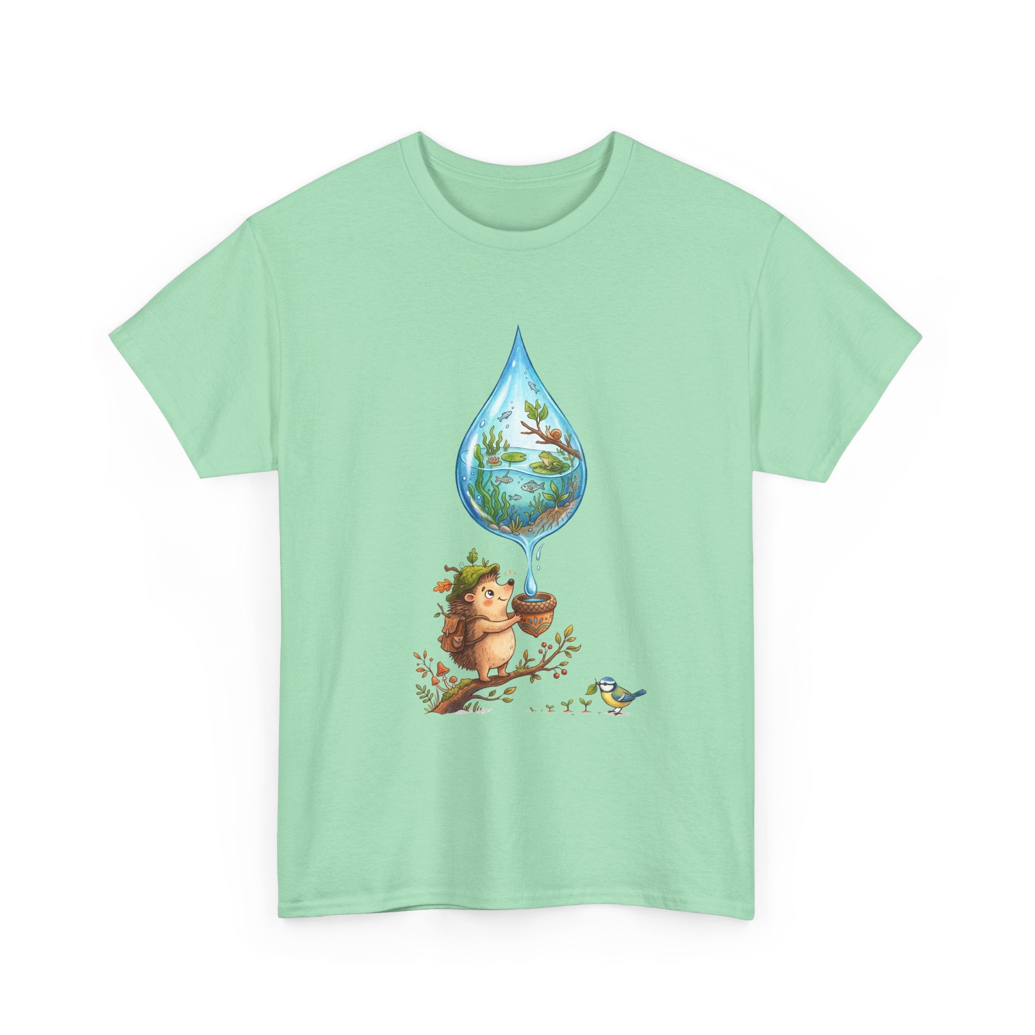 Eco Hedgehog Water Drop T‑Shirt — Wildlife Nature Illustration