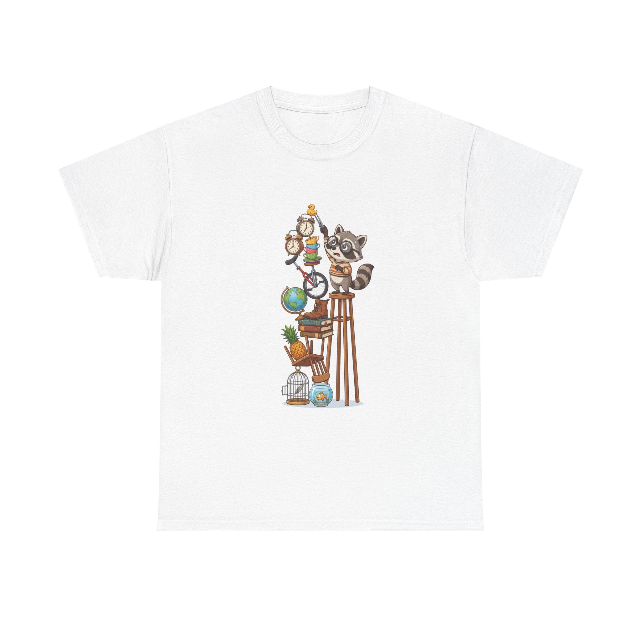 Raccoon & Curiosity Shelf T‑Shirt — Cute Scientist Animal Stack Graphic Tee