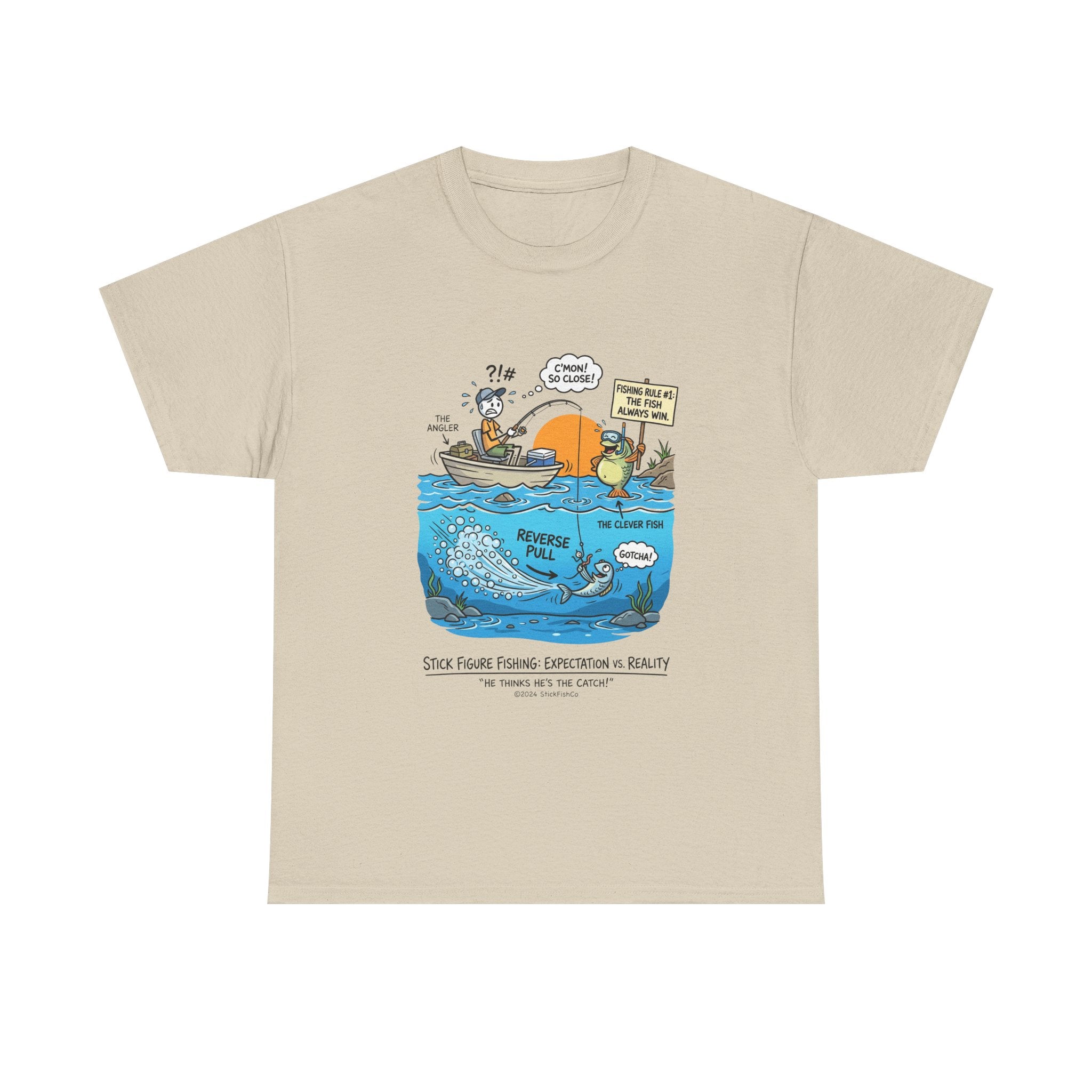 Fishing Cartoon T-Shirt — 'Reverse Take' Sunset Boating Tee