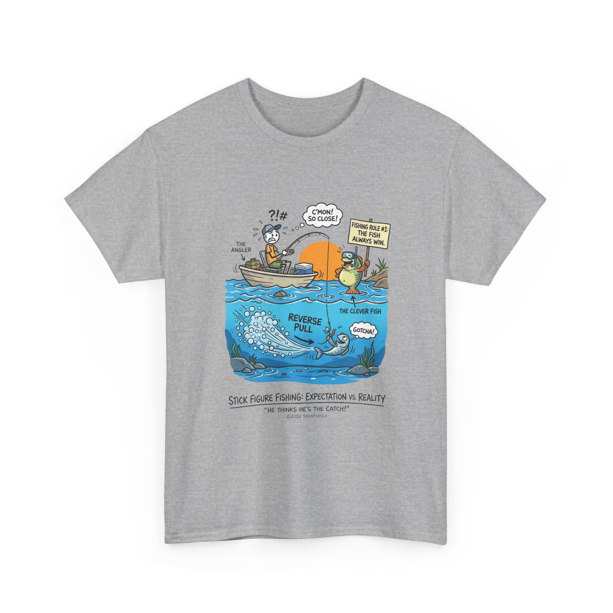 Fishing Cartoon T-Shirt — 'Reverse Take' Sunset Boating Tee