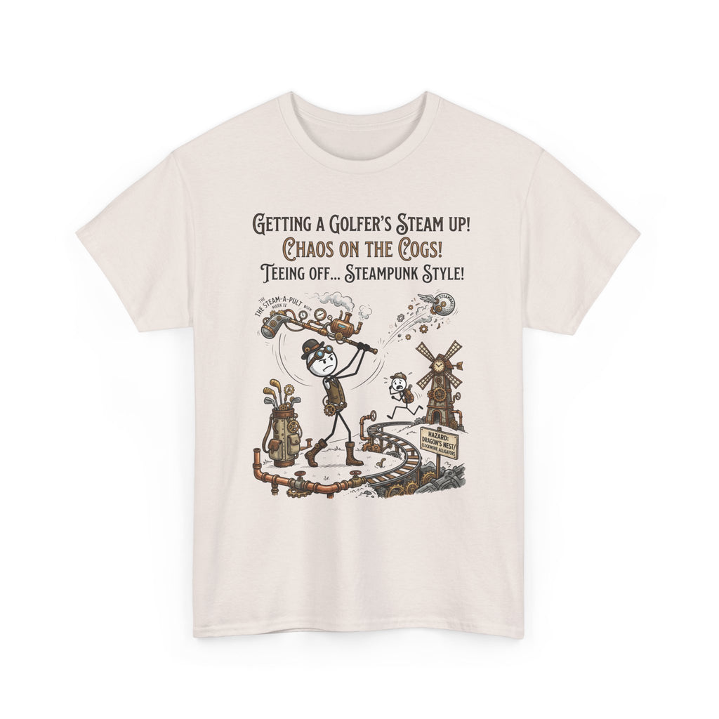 Steampunk Golf T-Shirt - "Getting a Golfer's Steam Up! Chaos on the Cogs" Graphic Tee