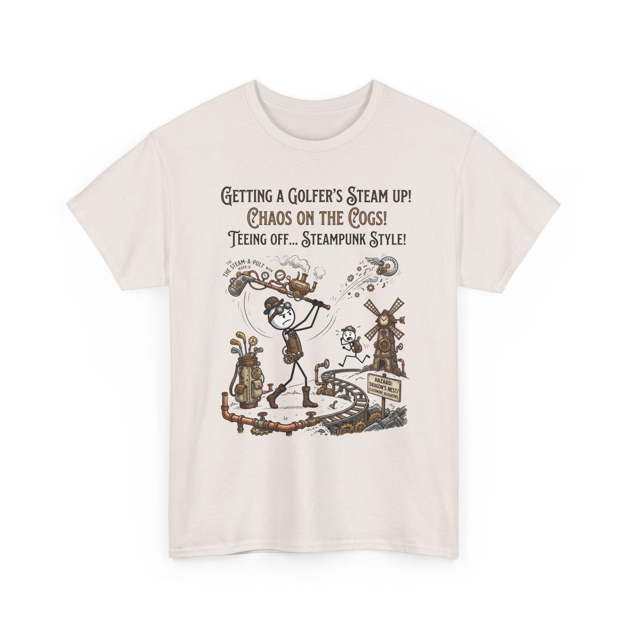 Steampunk Golf T-Shirt - "Getting a Golfer's Steam Up! Chaos on the Cogs" Graphic Tee