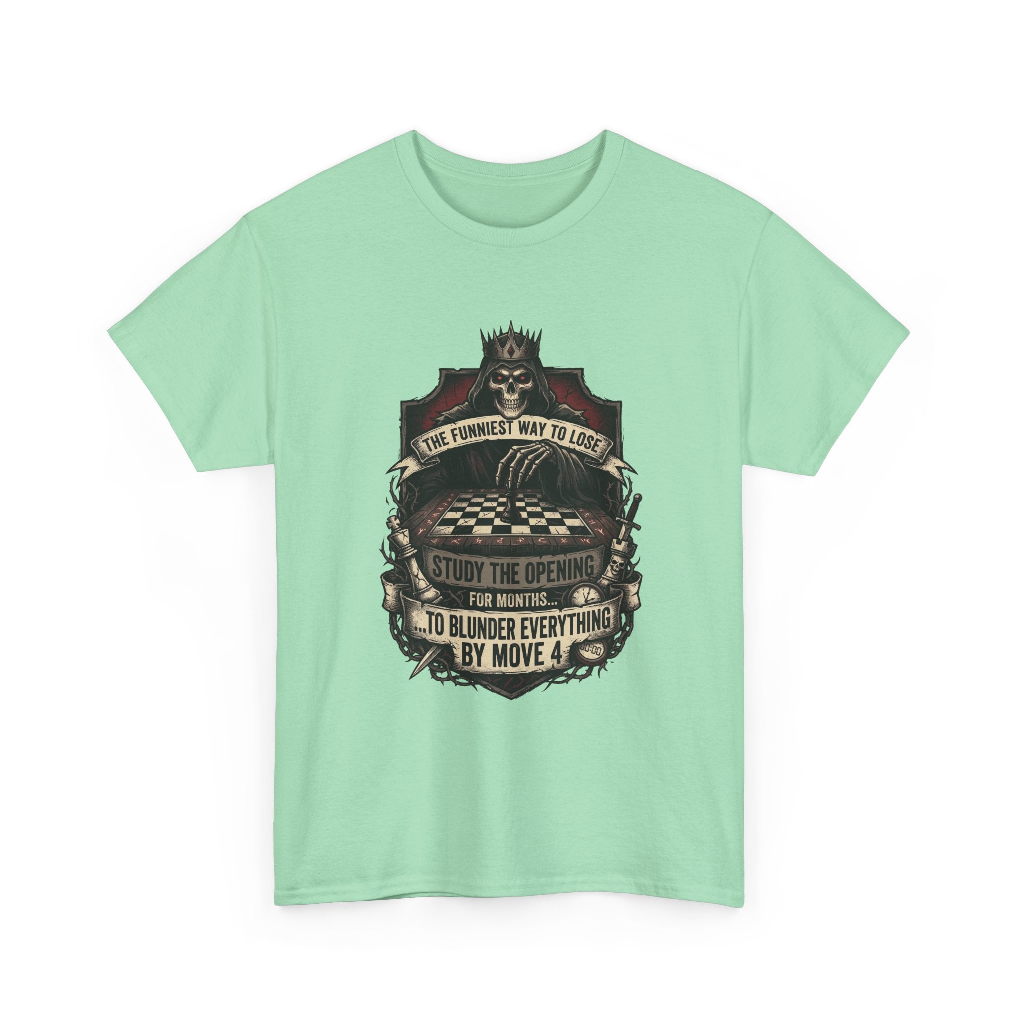 Chess Lover T-Shirt — "Study the Opening... Blunder Everything by Move 4" Vintage Chess Tee