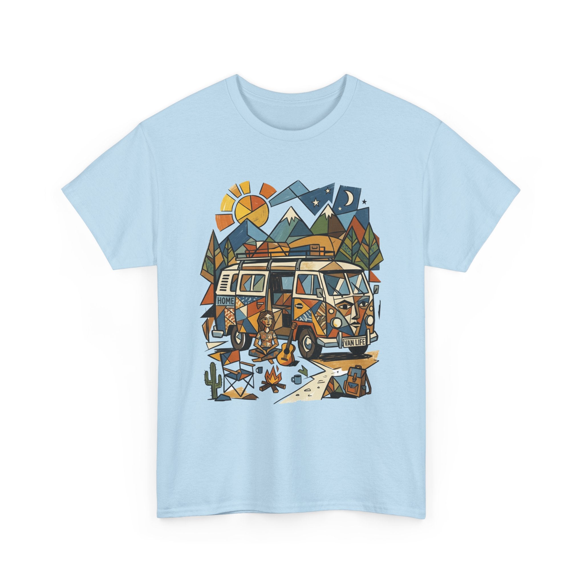 Adventure Van Camping T-Shirt — Retro Camper Van, Mountains & Campfire Graphic Tee