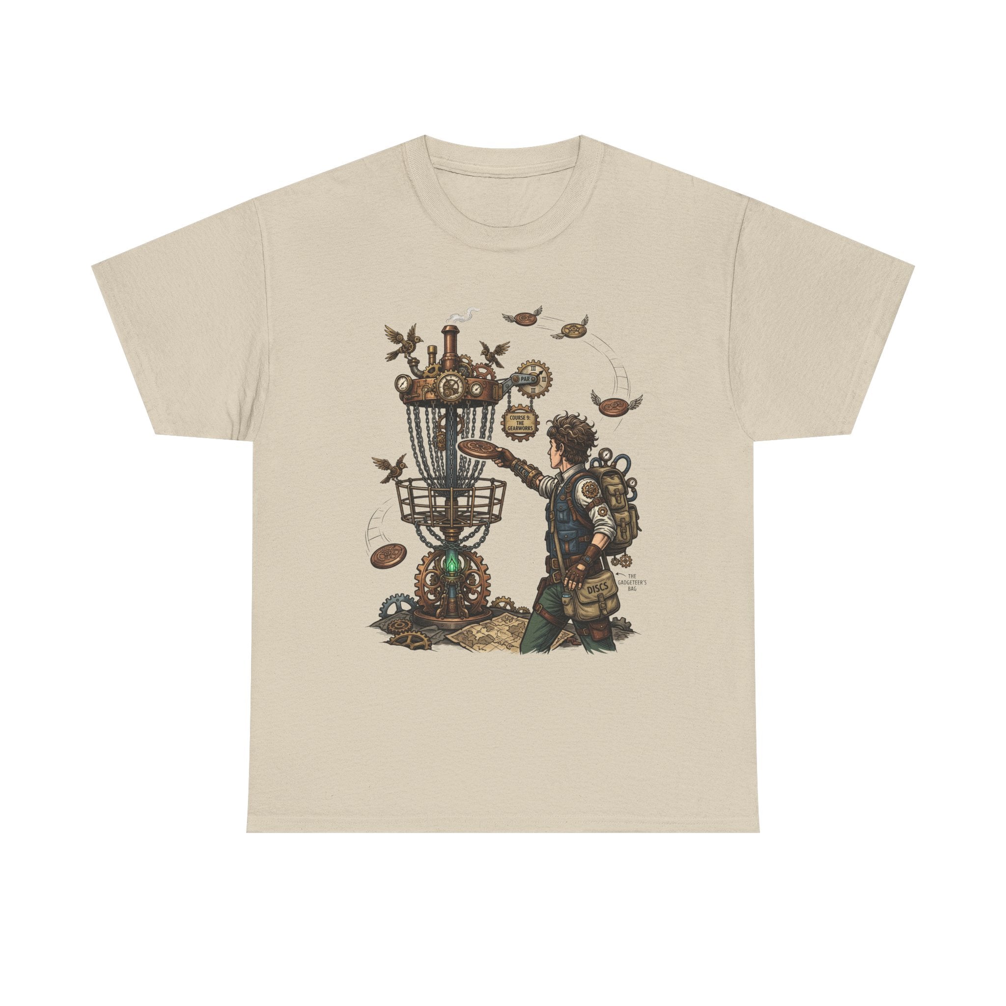 Disc Golf Adventure T‑Shirt — Steampunk Player & Birdie Basket Graphic Tee