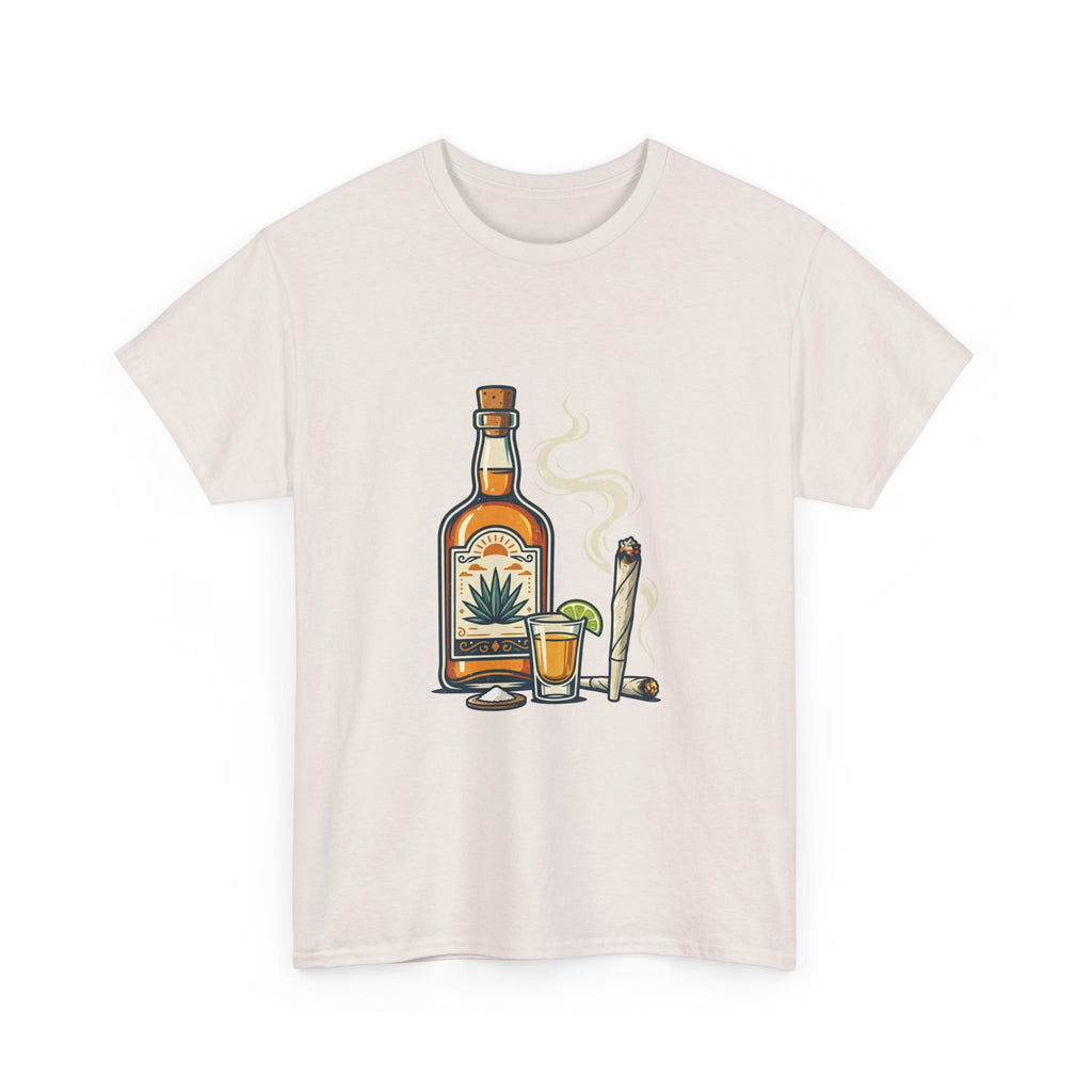 Tequila & Joint T-Shirt — Mexican Agave Bottle with Shot Glass and Joint Graphic