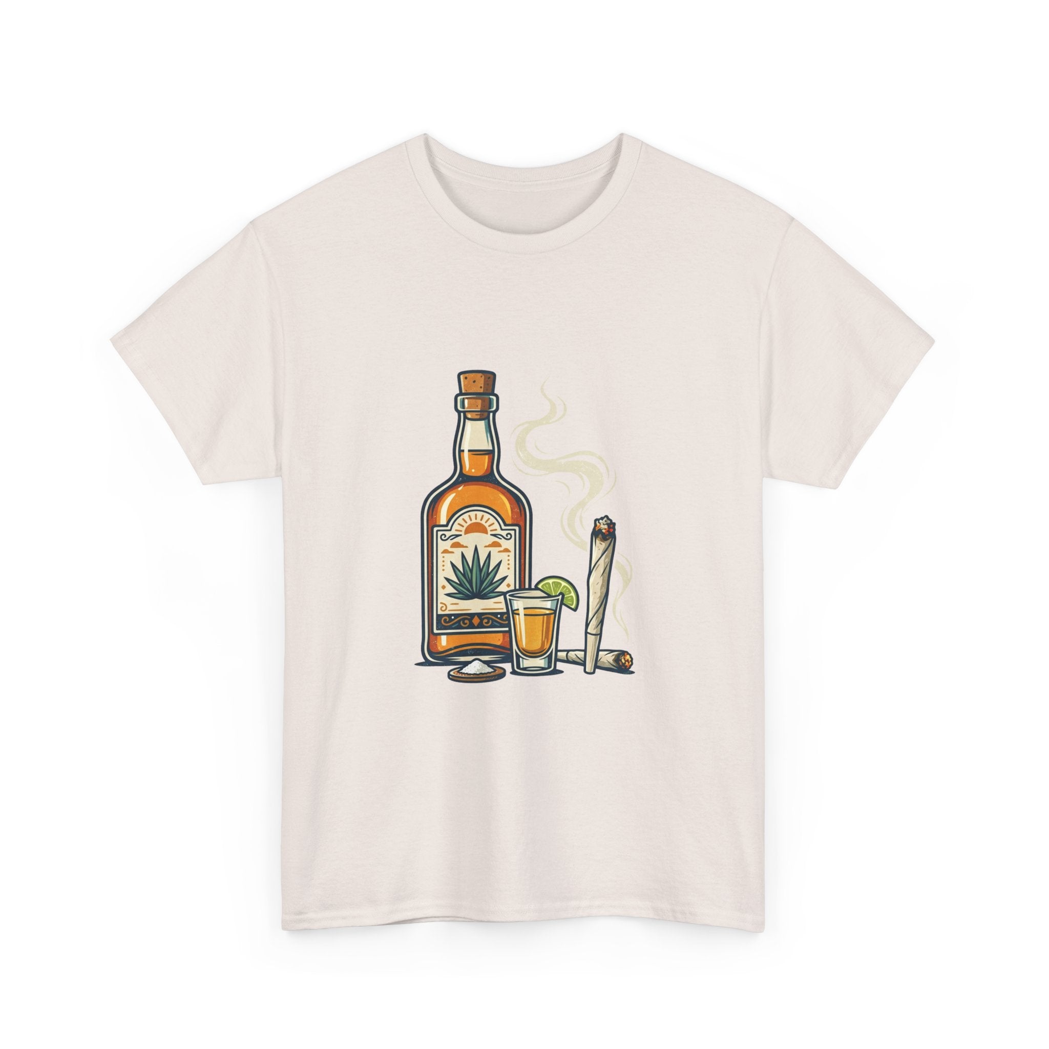 Tequila & Joint T-Shirt — Mexican Agave Bottle with Shot Glass and Joint Graphic