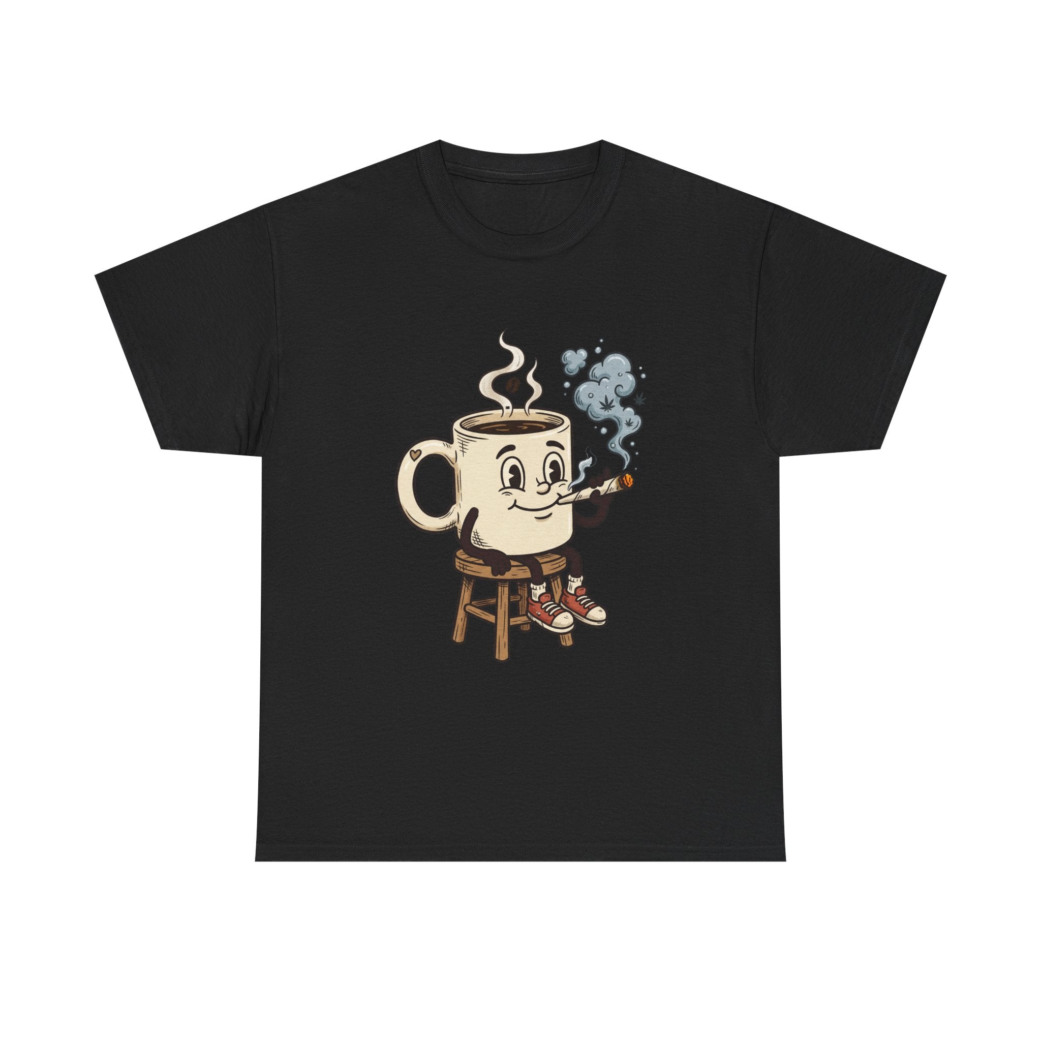 Coffee and a joint Character Tee — Retro Smiling Cup Smoking weed Graphic T-Shirt