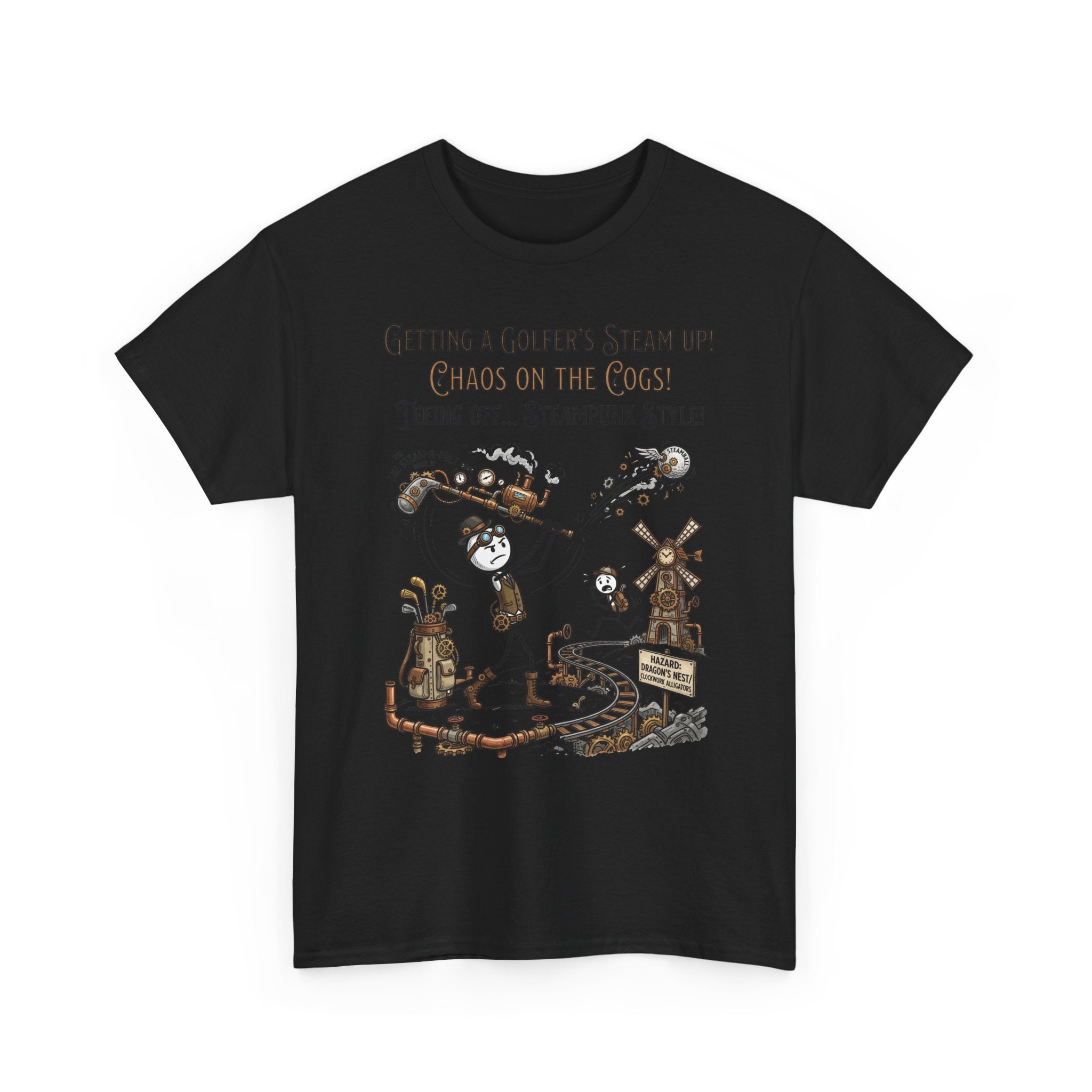 Steampunk Golf T-Shirt - "Getting a Golfer's Steam Up! Chaos on the Cogs" Graphic Tee