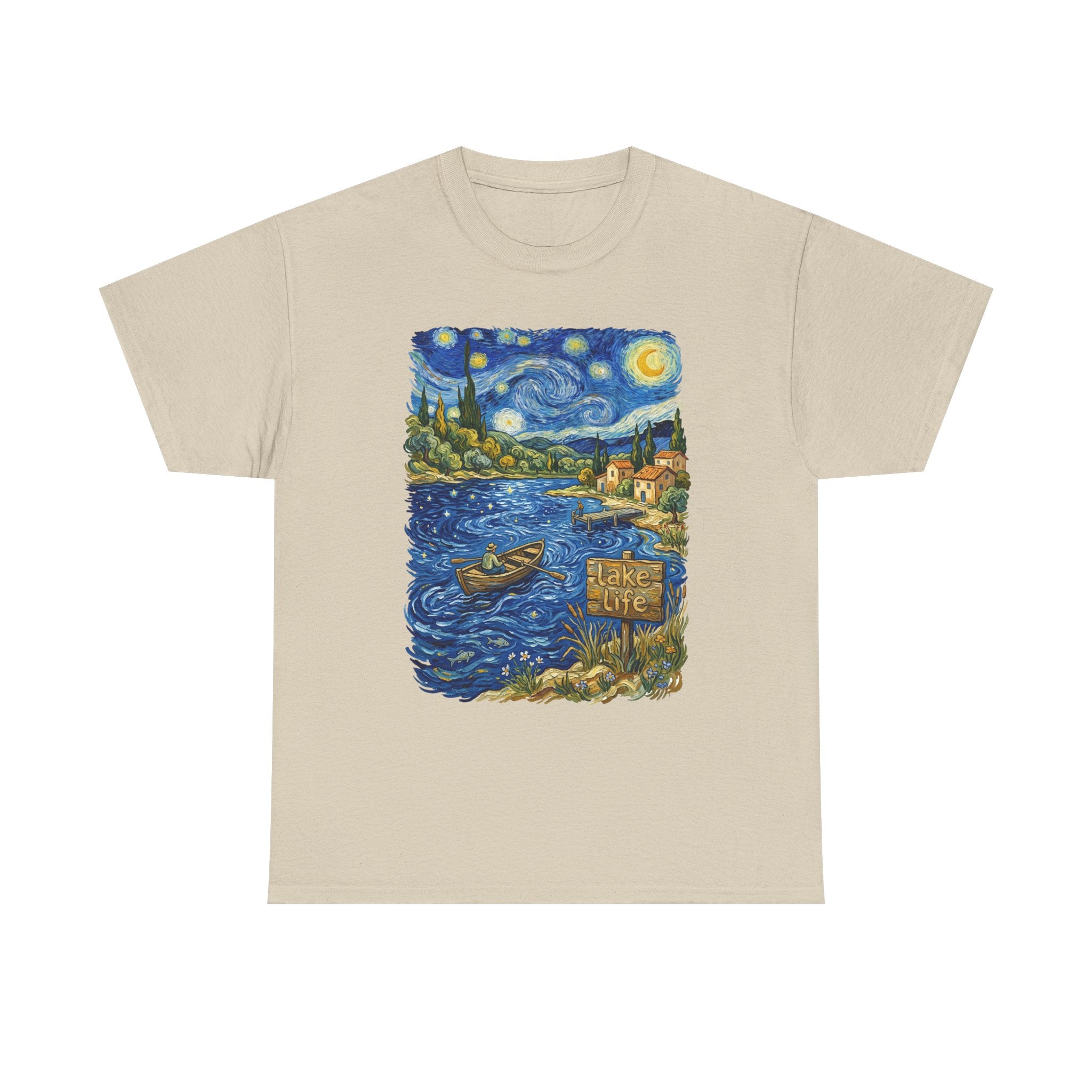 T-Shirt — Van Gogh Night Lake Art Tee (Boat on Starry Night)
