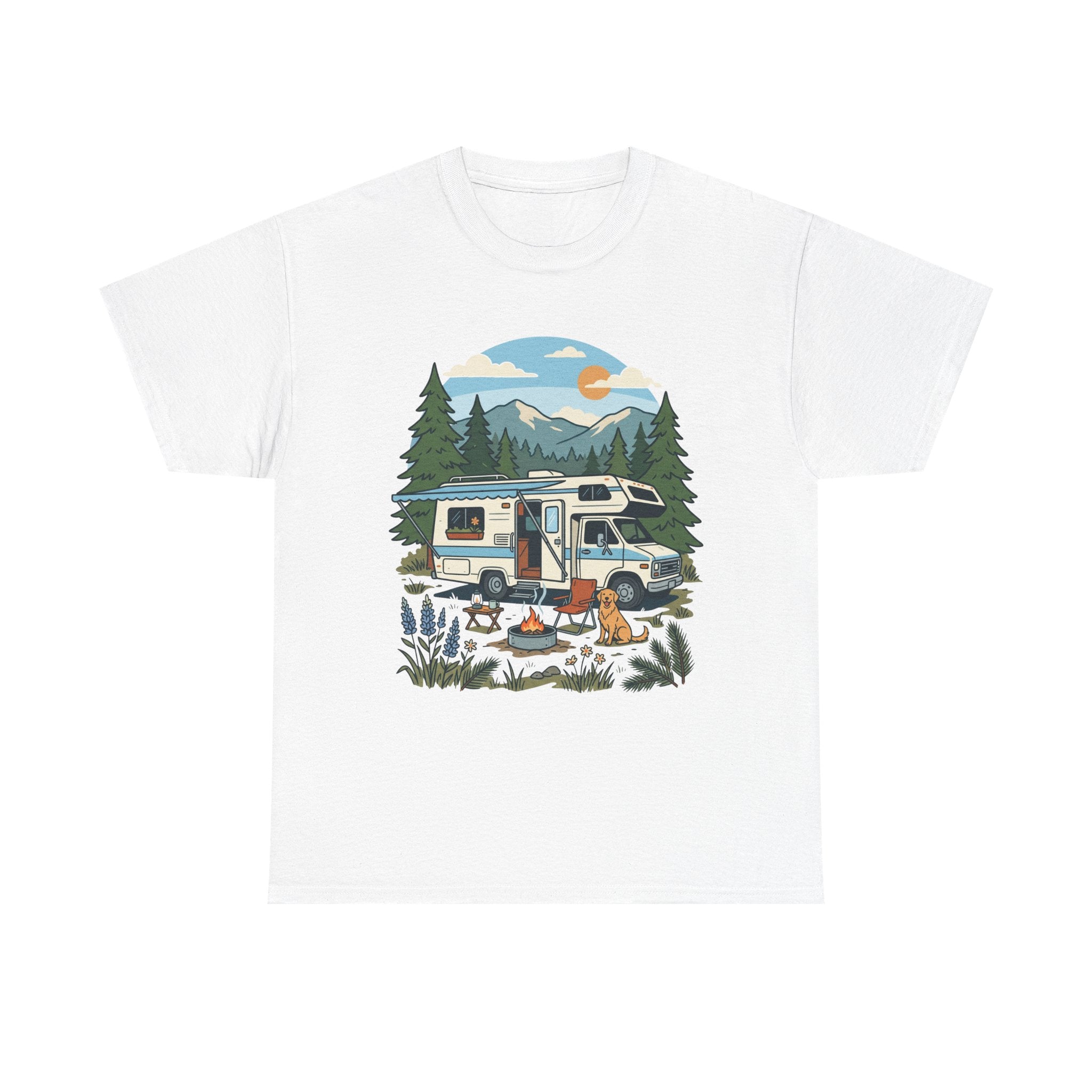 Camper Van Camping T‑Shirt — Retro RV Campfire Graphic Tee for Outdoors Lovers