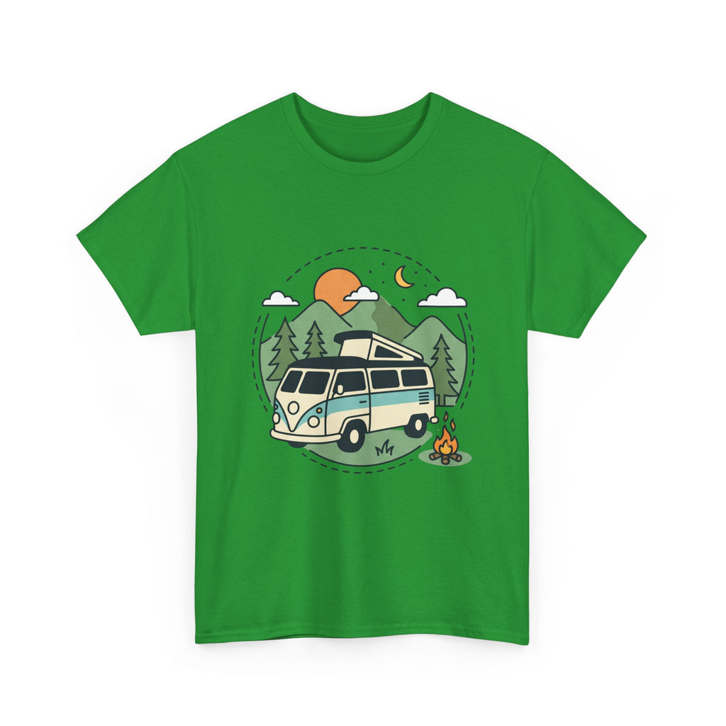 Camper Van Camping T‑Shirt — Retro Van, Mountains & Campfire Tee
