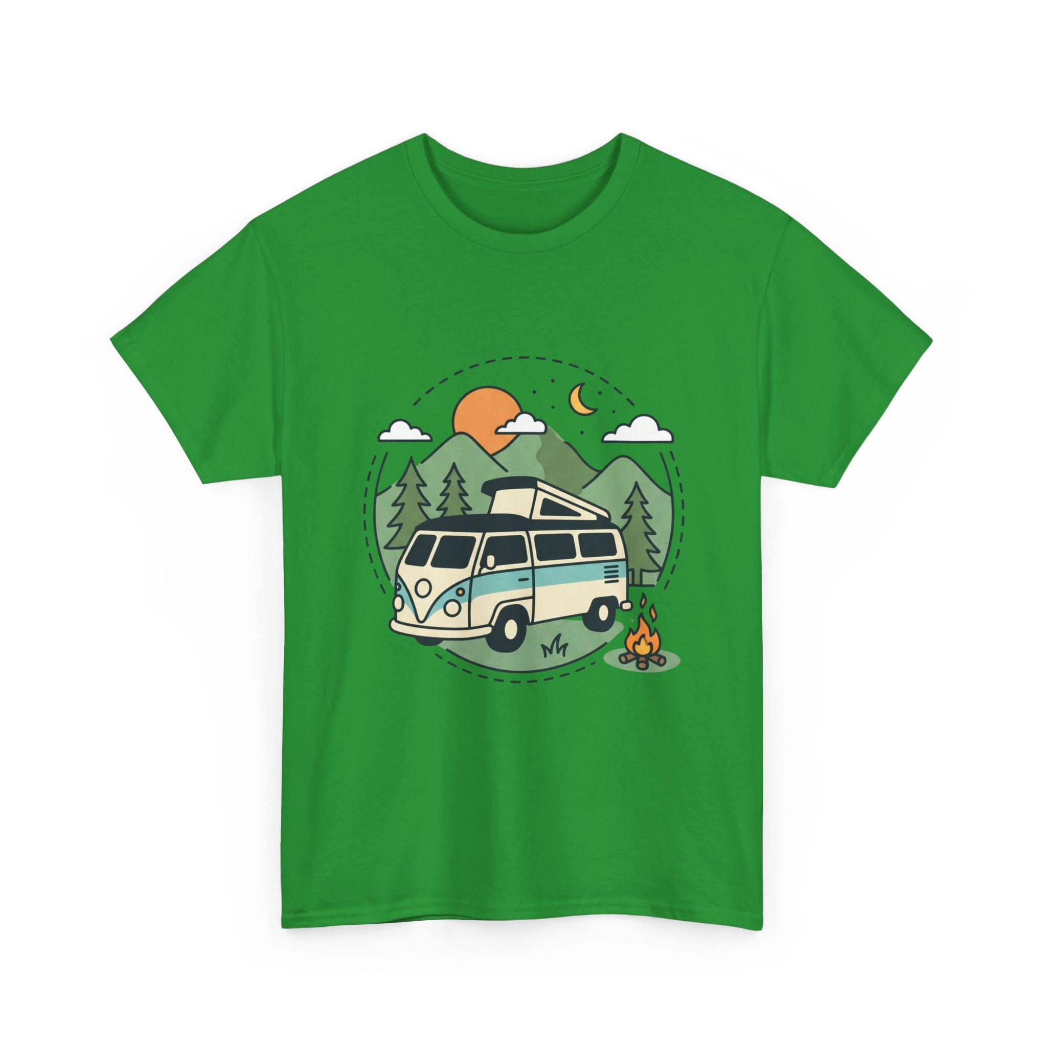 Camper Van Camping T‑Shirt — Retro Van, Mountains & Campfire Tee