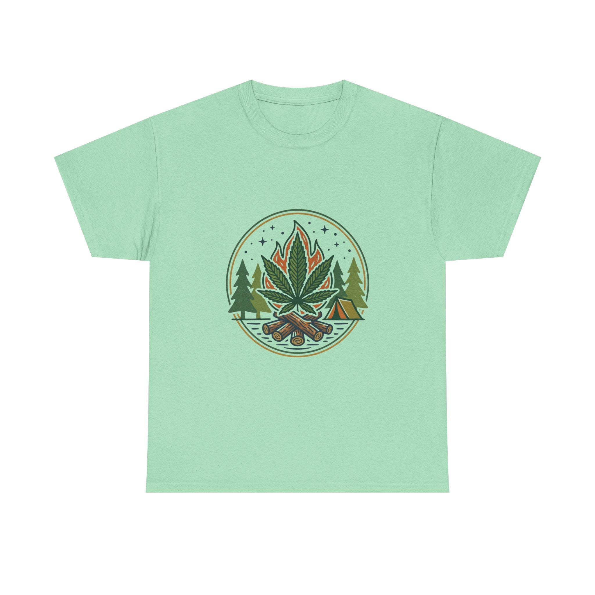 Cannabis Campfire Tee — Outdoor Weed Leaf Forest Graphic T-Shirt