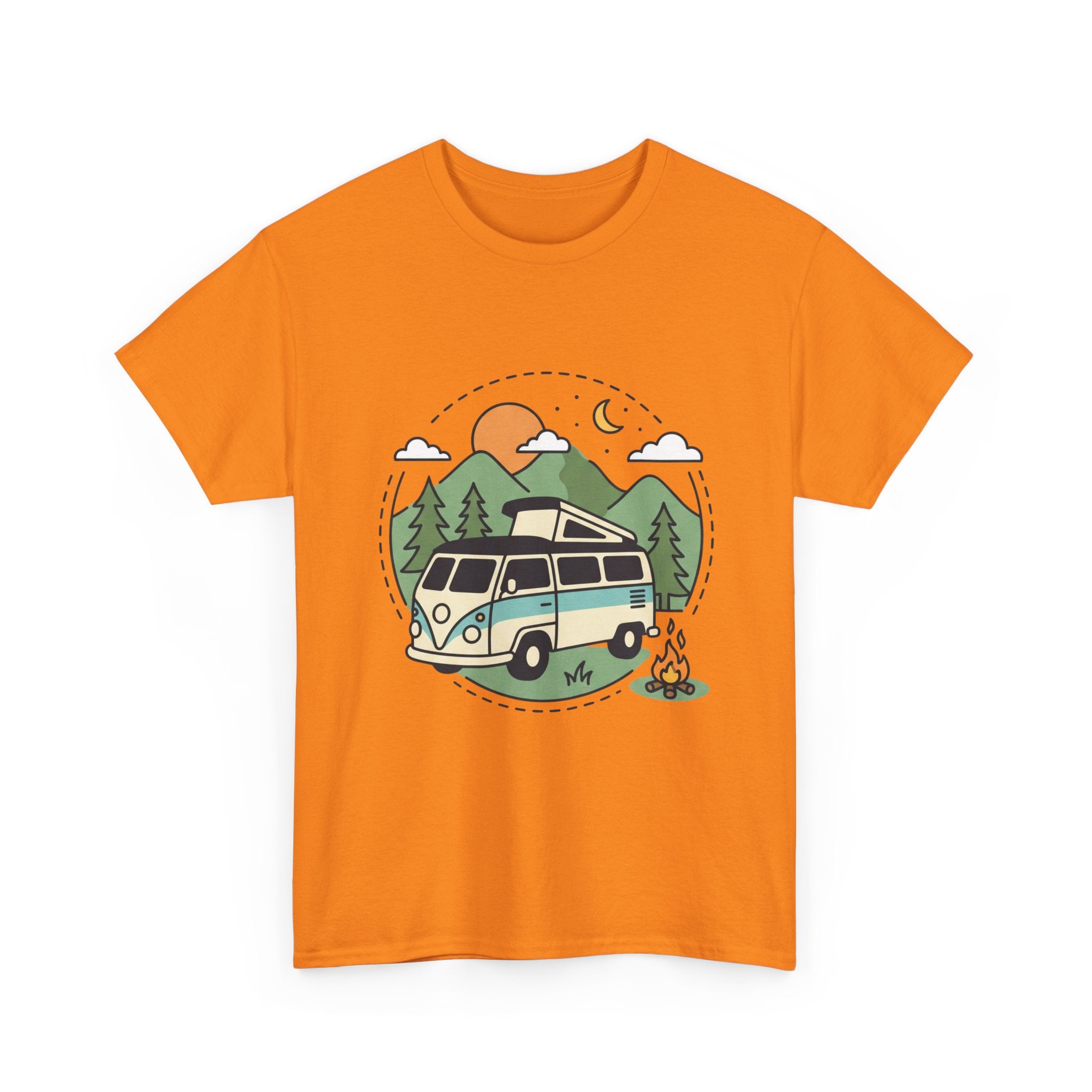 Camper Van Camping T‑Shirt — Retro Van, Mountains & Campfire Tee