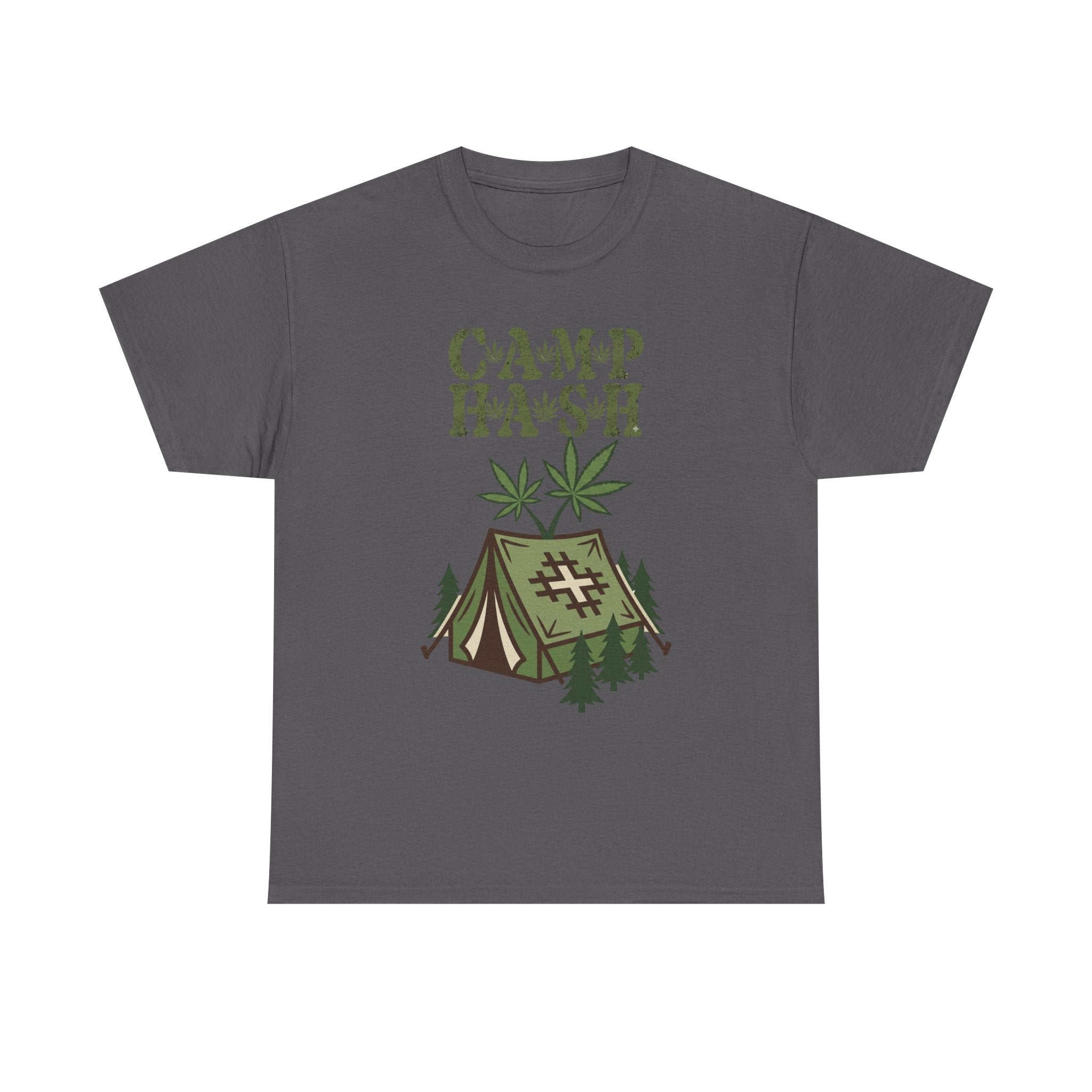 Camp Hash Cannabis Camping T‑Shirt — Retro Tent & Leaf Outdoor Smoke Tee