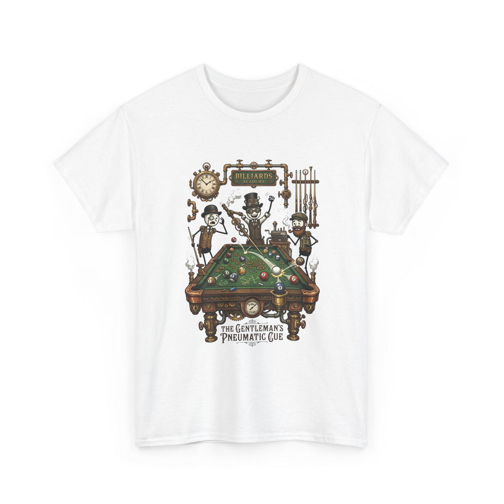 Steampunk Billiards Tee – 'The Gentleman's Pneumatic Cue' Pool Table Graphic Shirt