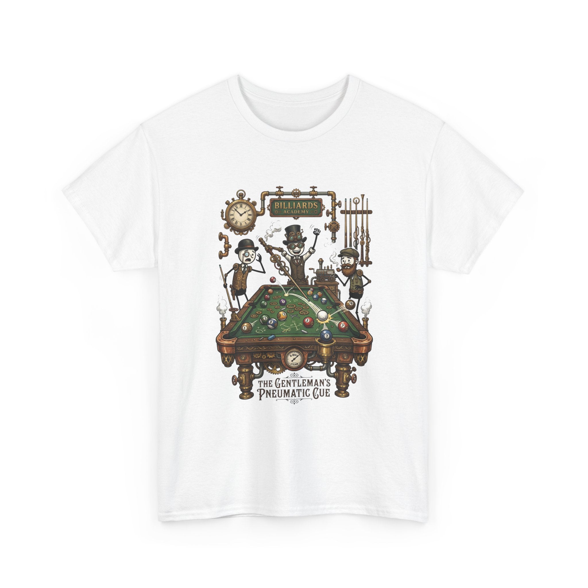 Steampunk Billiards Tee – 'The Gentleman's Pneumatic Cue' Pool Table Graphic Shirt