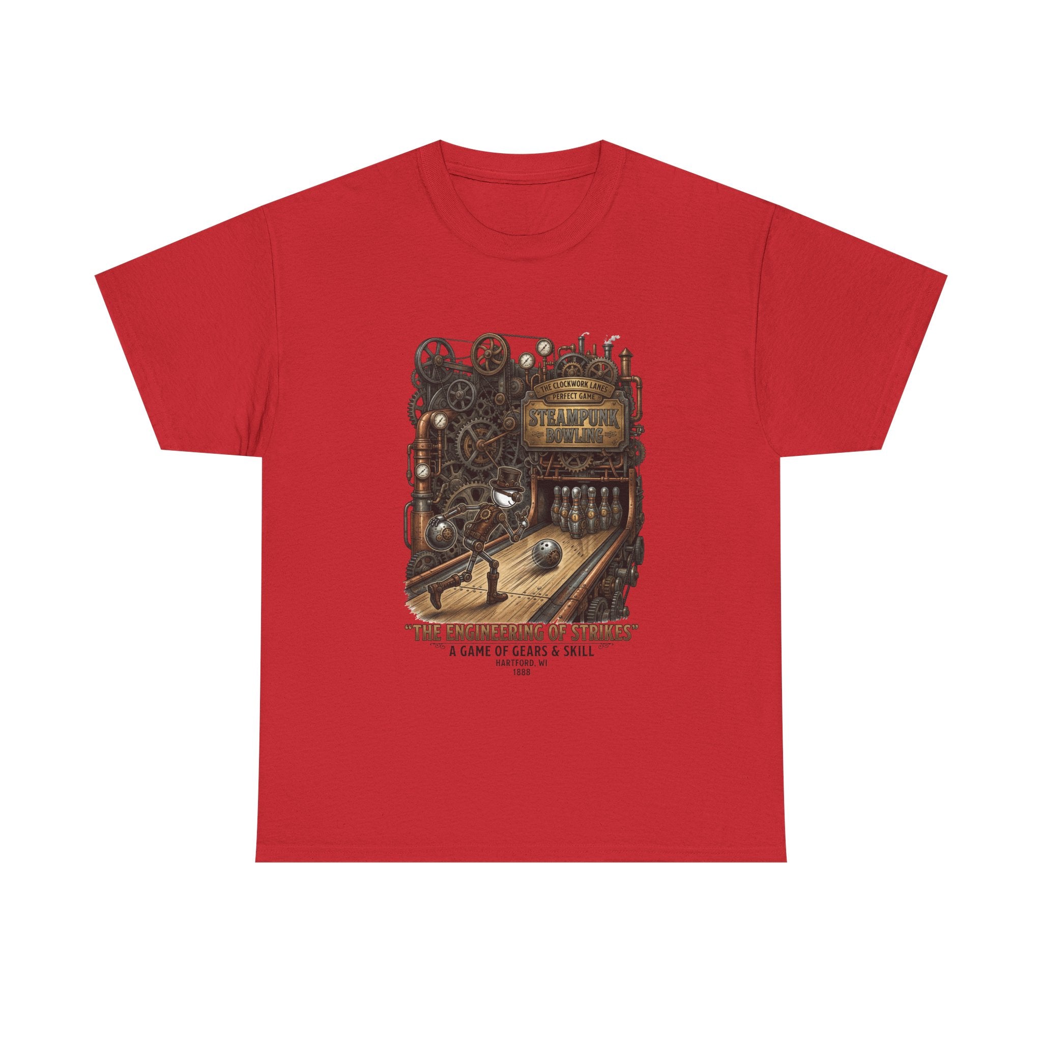 Steampunk Bowling T-Shirt — "The Engineering of Strikes" Vintage Gears Design