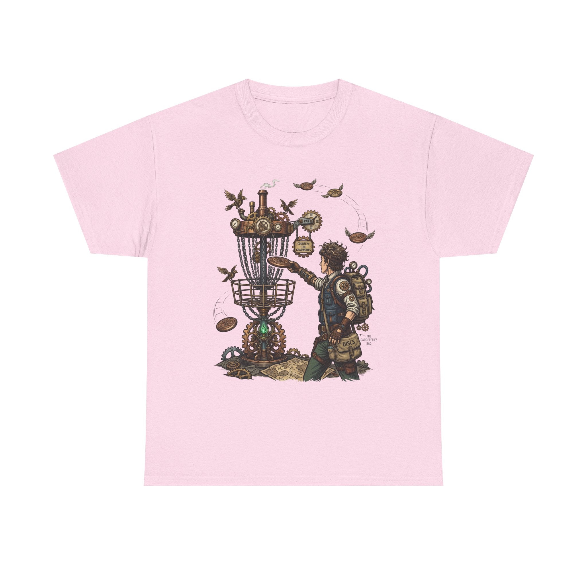 Disc Golf Adventure T‑Shirt — Steampunk Player & Birdie Basket Graphic Tee