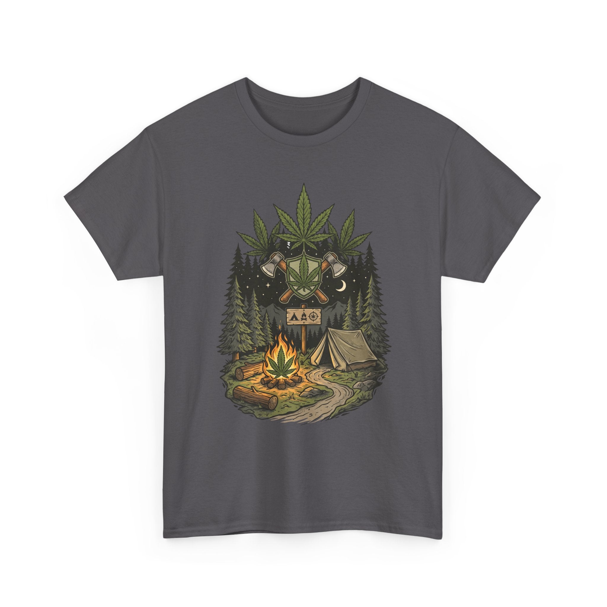 Camping Bear Graphic Tee — Forest Campfire & Leaf Emblem T-Shirt