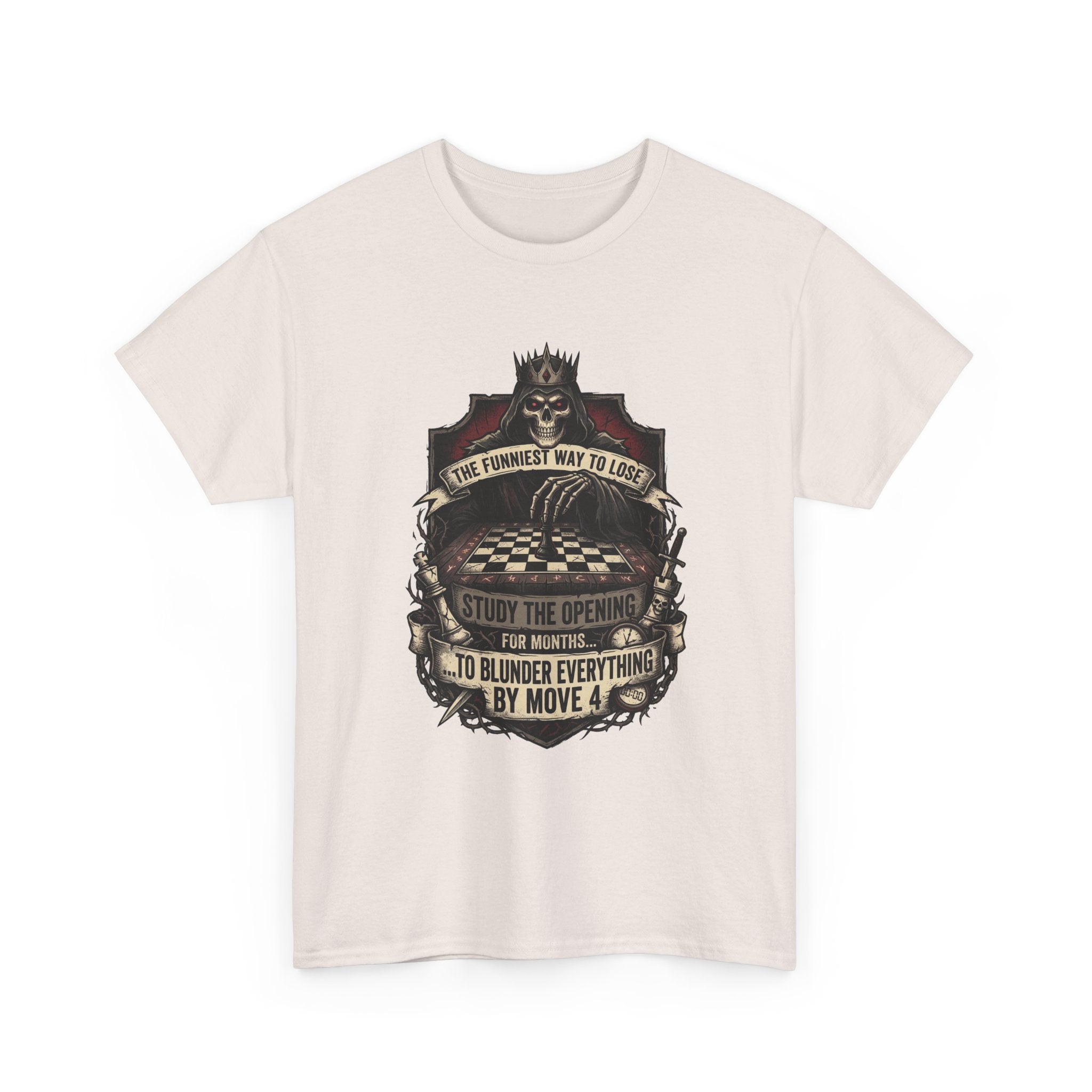 Chess Lover T-Shirt — "Study the Opening... Blunder Everything by Move 4" Vintage Chess Tee