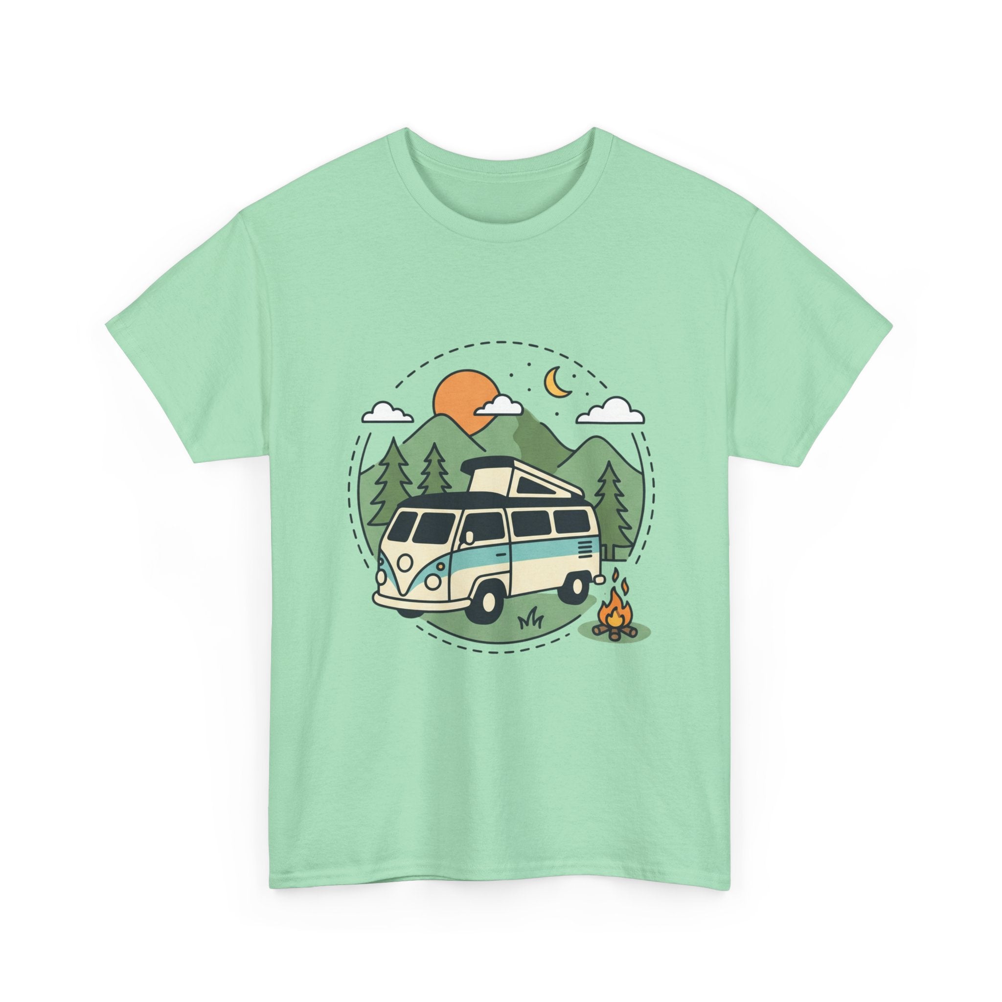 Camper Van Camping T‑Shirt — Retro Van, Mountains & Campfire Tee