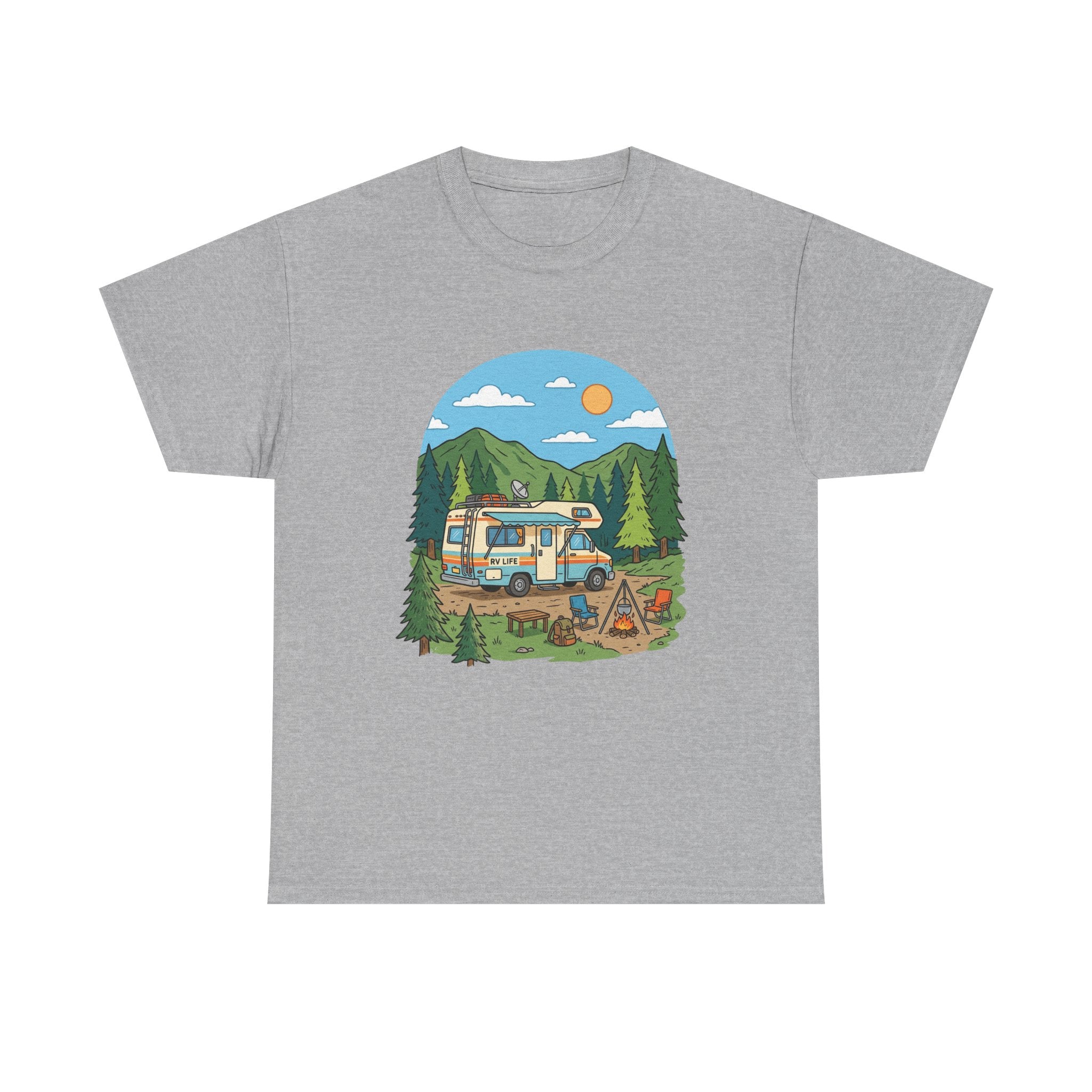 Camping Van Graphic Tee — Retro Camper Van & Campfire Outdoor Shirt