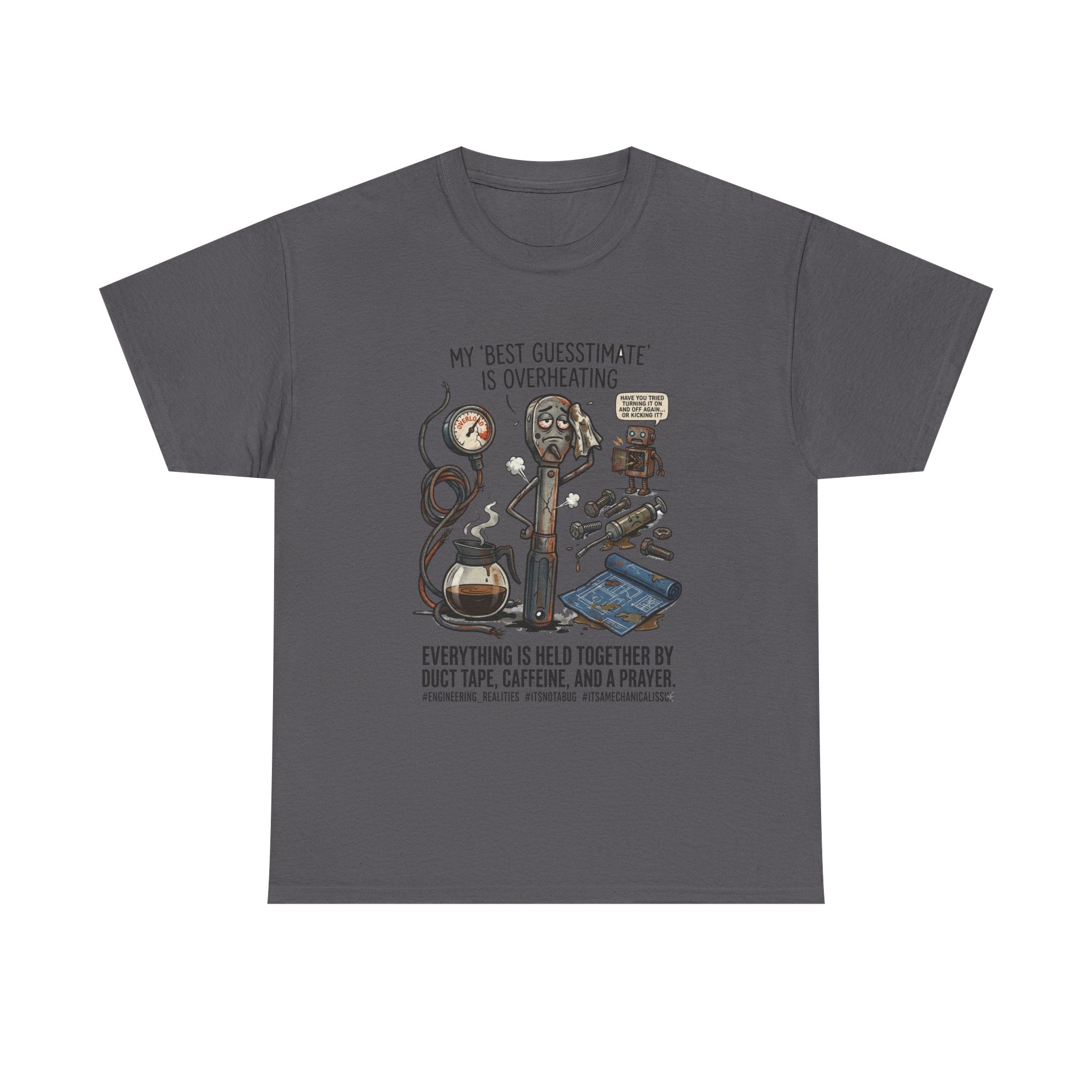 Mechanic Humor T-Shirt - "My Best Guessmate Is Overheating" Vintage Tools, Duct Tape & Caffeine Tee