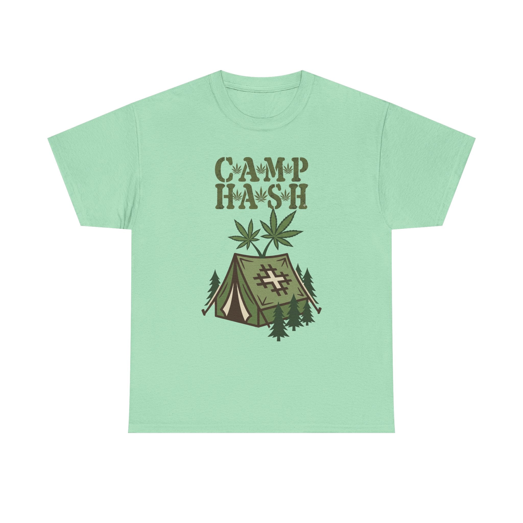 Camp Hash Cannabis Camping T‑Shirt — Retro Tent & Leaf Outdoor Smoke Tee