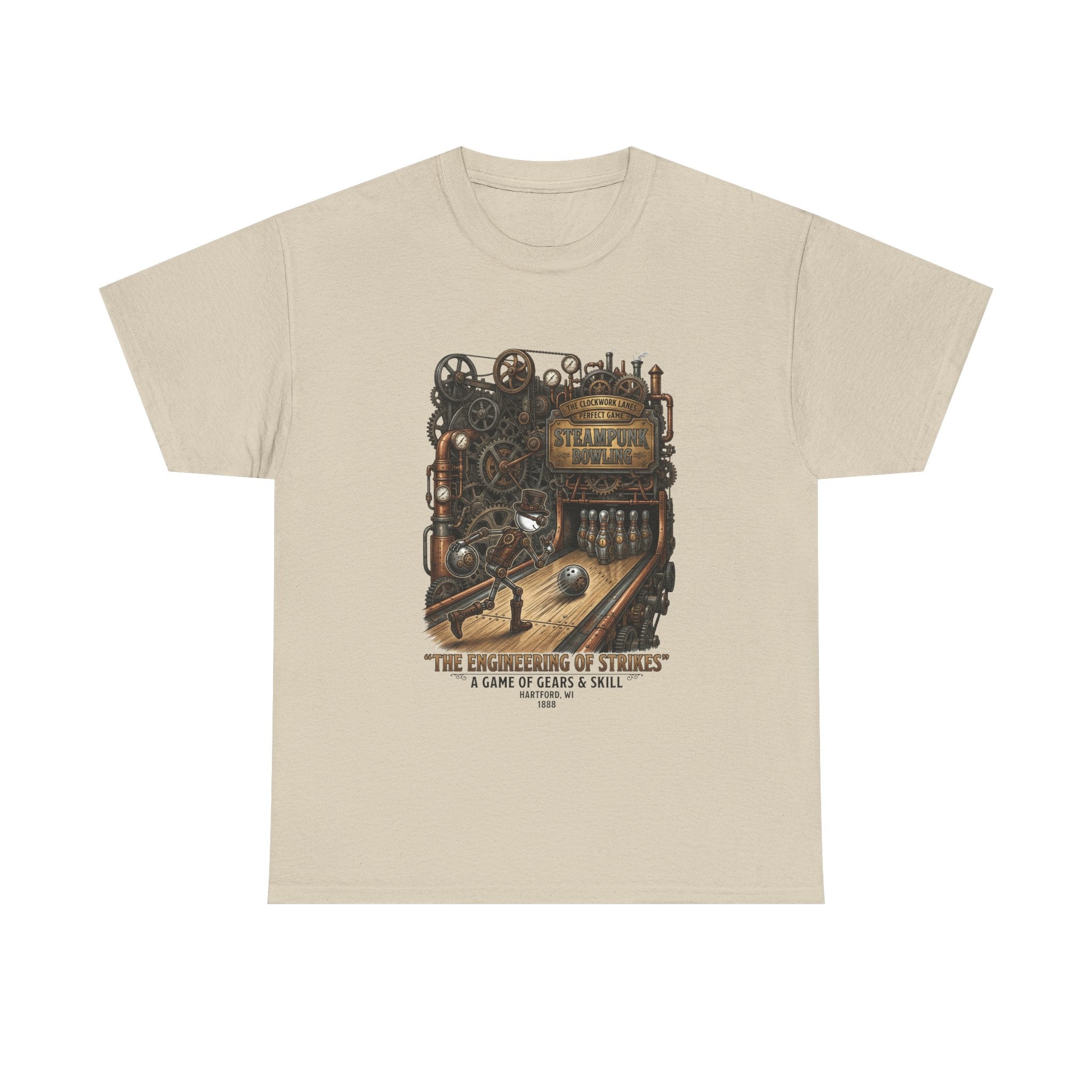 Steampunk Bowling T-Shirt — "The Engineering of Strikes" Vintage Gears Design