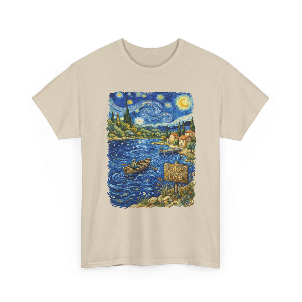 T-Shirt — Van Gogh Night Lake Art Tee (Boat on Starry Night)