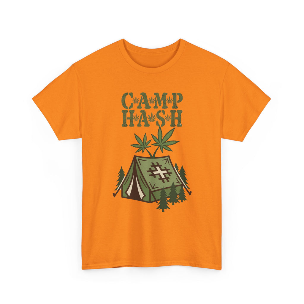 Camp Hash Cannabis Camping T‑Shirt — Retro Tent & Leaf Outdoor Smoke Tee