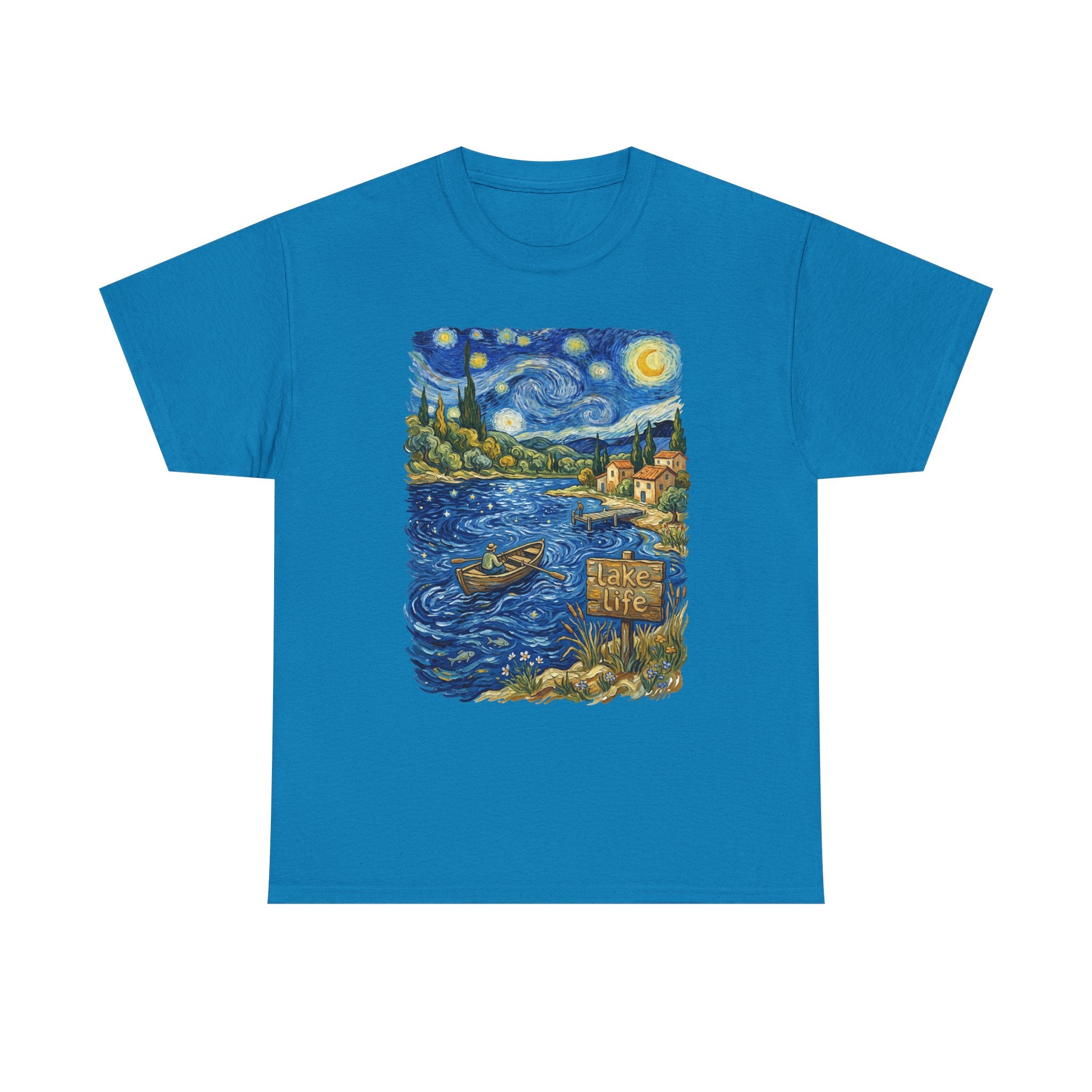 T-Shirt — Van Gogh Night Lake Art Tee (Boat on Starry Night)