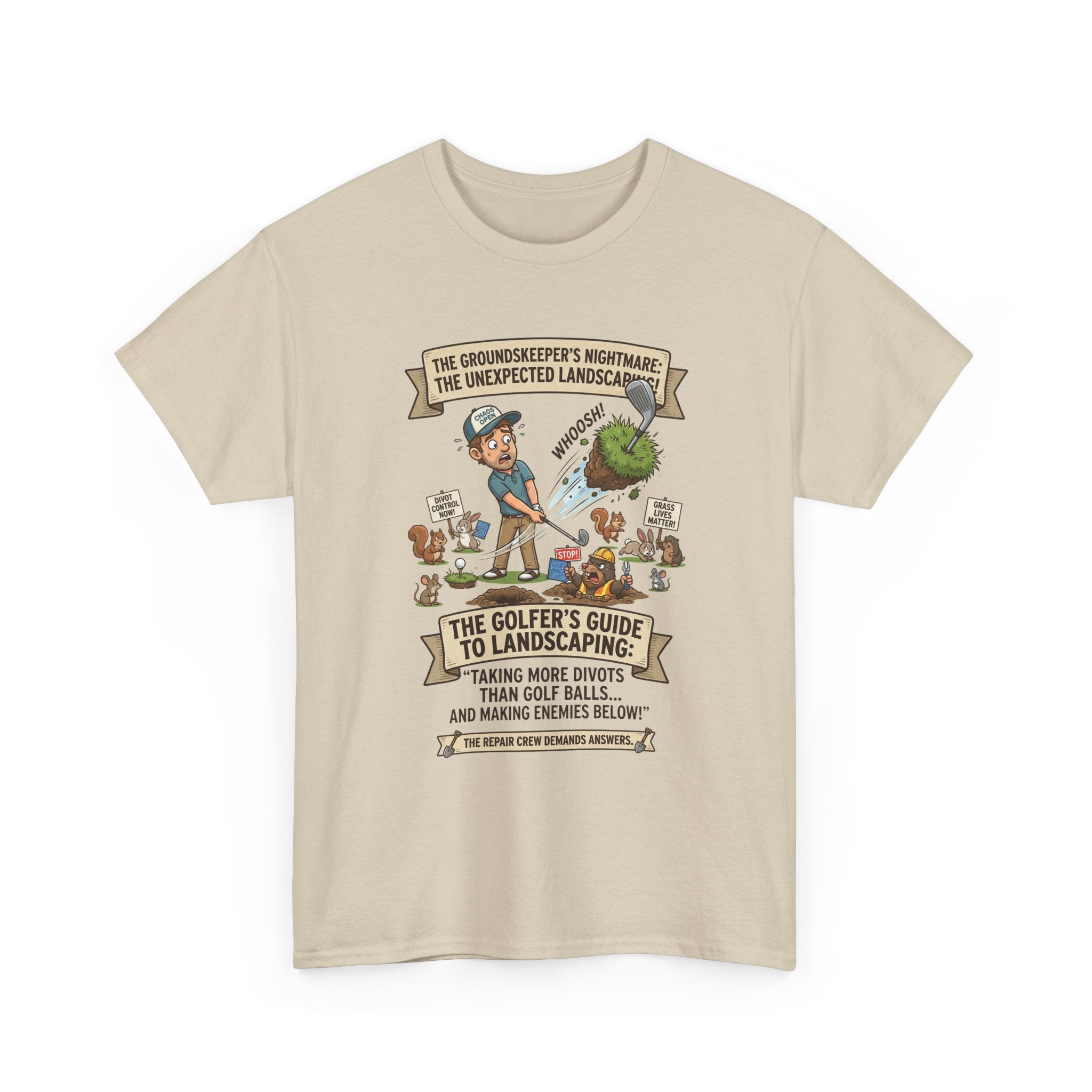 Golf T-Shirt — "The Golfer’s Guide to Landscaping" Funny Divot Course Humor Tee