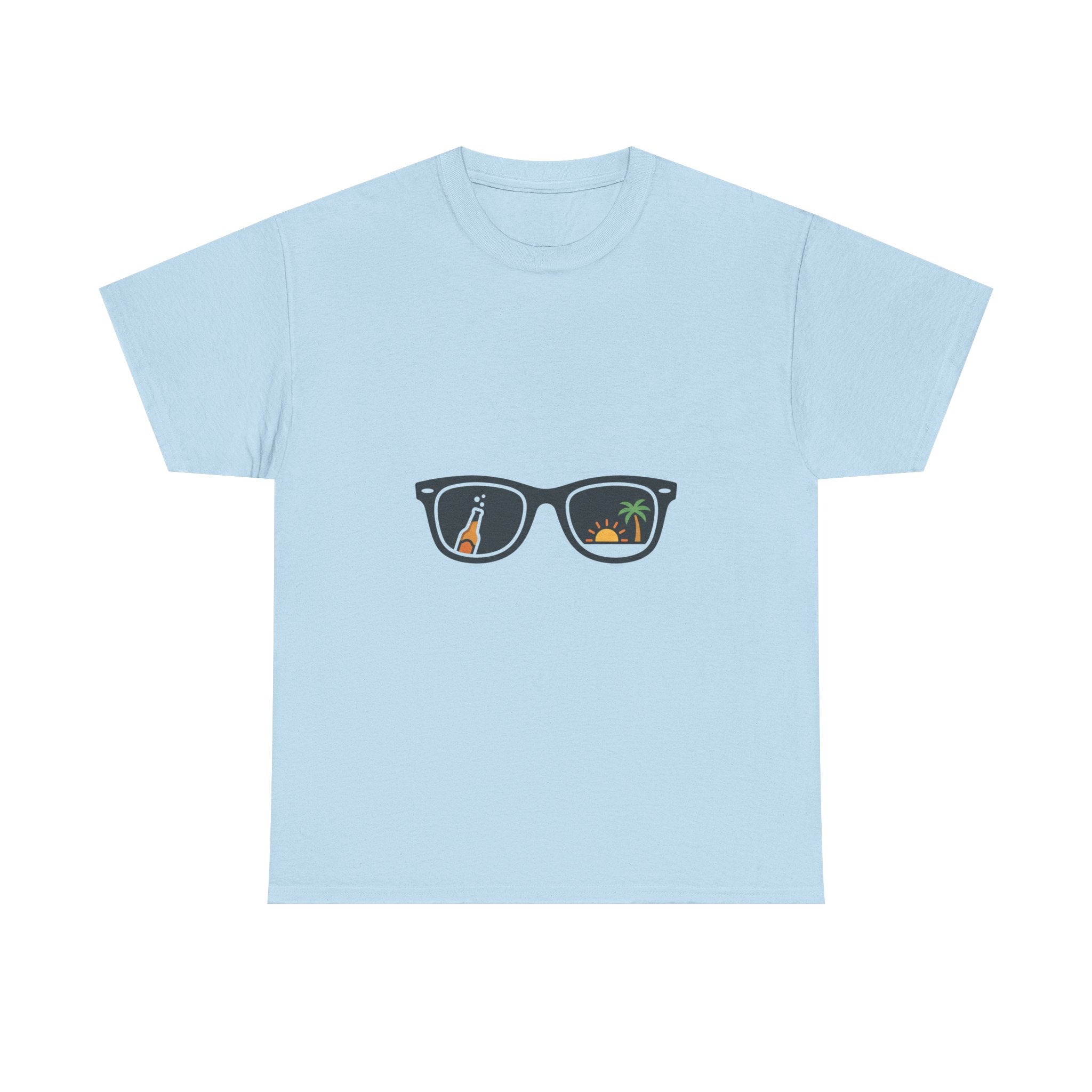 Sunglasses Reflection Tee — Tropical Beach & Palm Drink Graphic T-Shirt