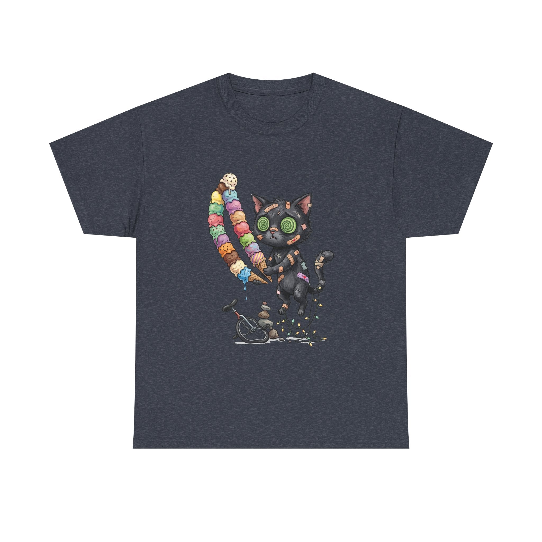 Cat with Ice Cream Graphic Tee — Cute Retro Kawaii Black Cat Holding Rainbow Ice Cream