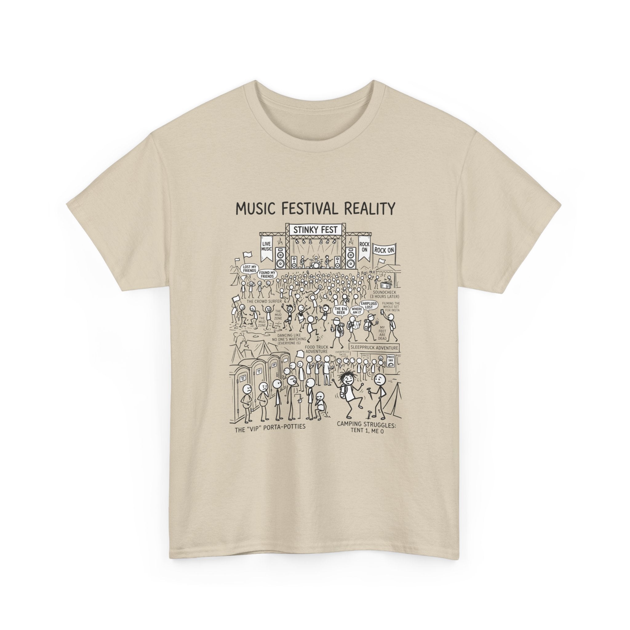 T-Shirt — "Music Festival Reality" Cartoon Illustration Tee