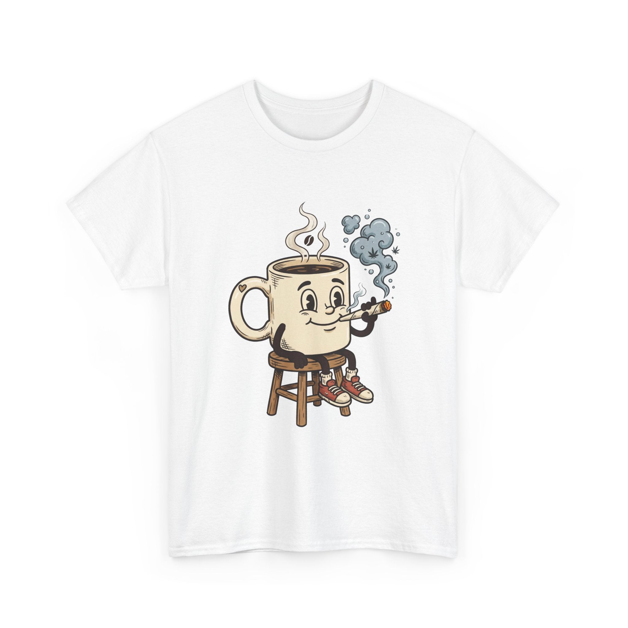 Coffee and a joint Character Tee — Retro Smiling Cup Smoking weed Graphic T-Shirt