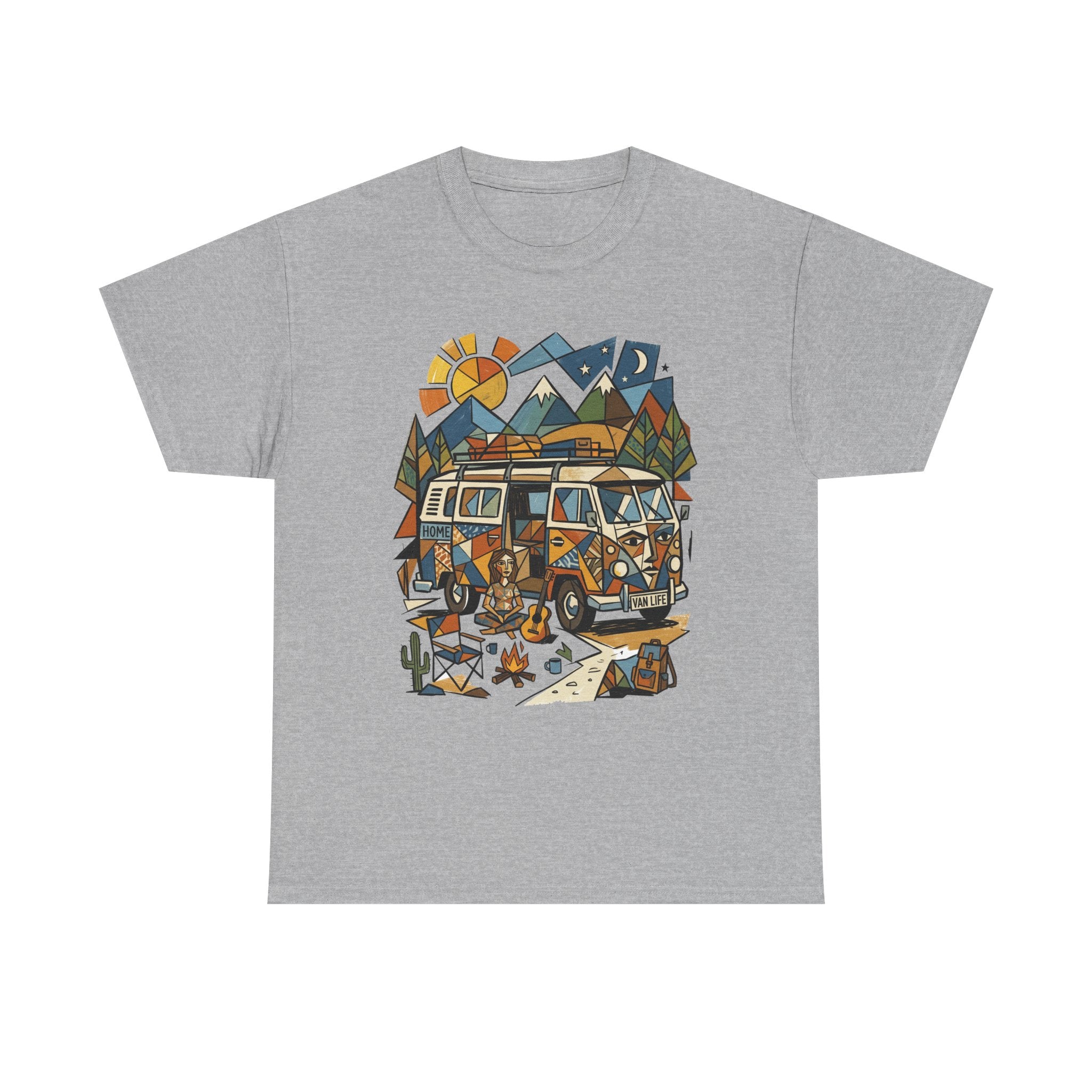 Adventure Van Camping T-Shirt — Retro Camper Van, Mountains & Campfire Graphic Tee