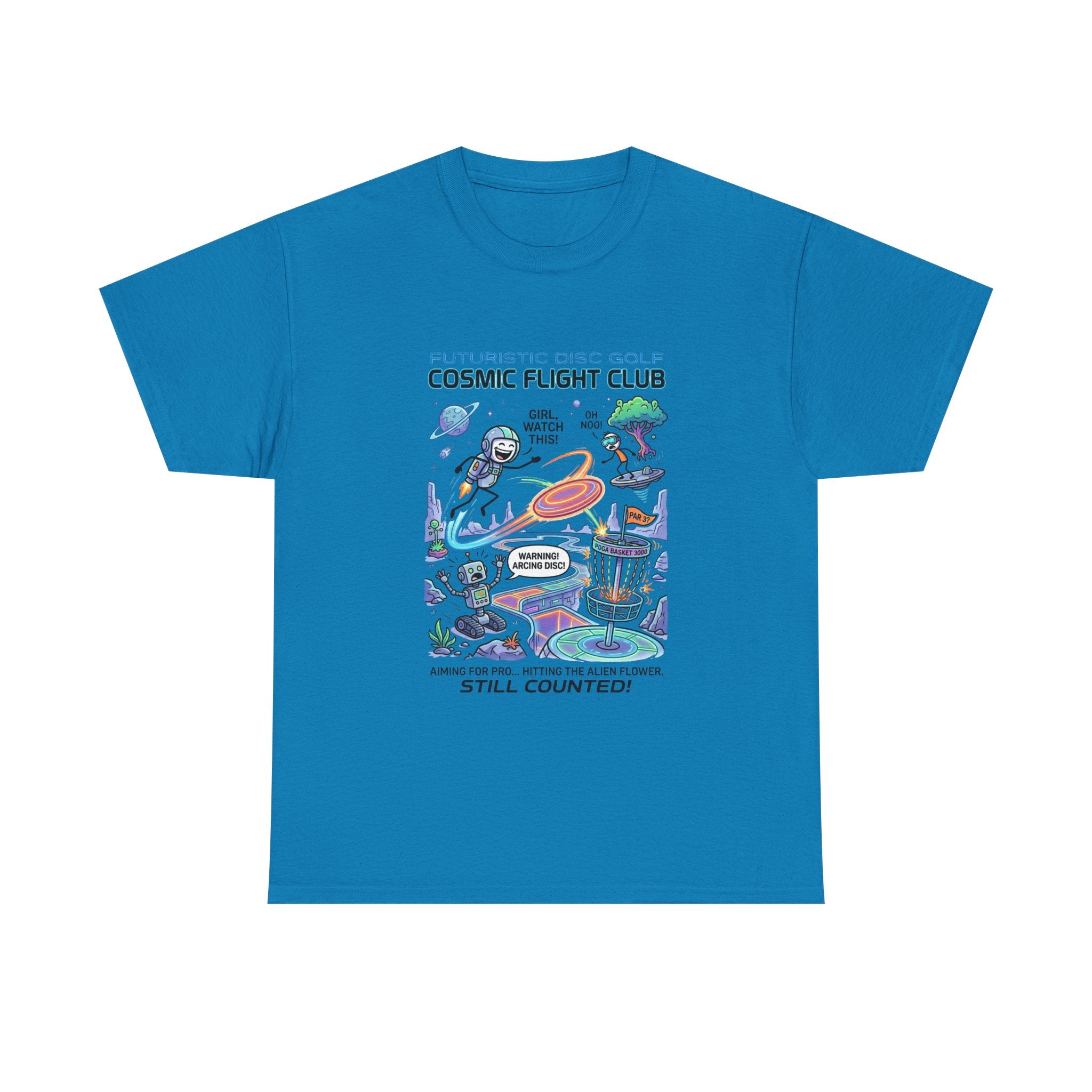 Cosmic Flight Club Disc Golf T-Shirt — Futuristic Outer Space Design