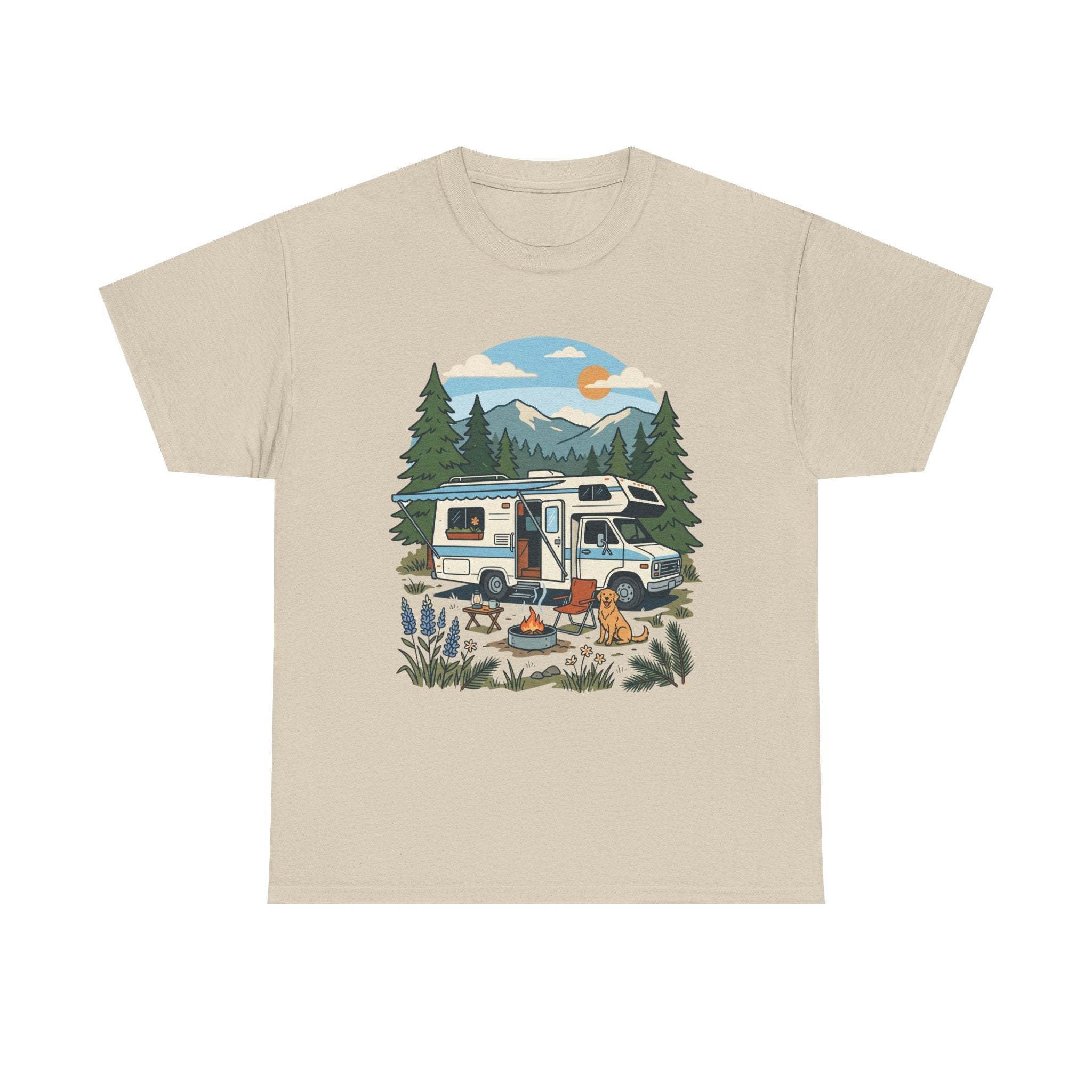 Camper Van Camping T‑Shirt — Retro RV Campfire Graphic Tee for Outdoors Lovers