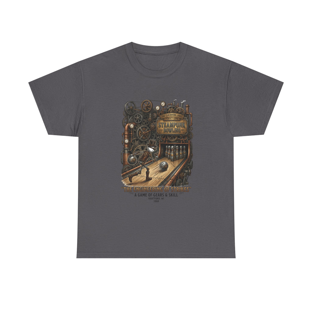 Steampunk Bowling T-Shirt — "The Engineering of Strikes" Vintage Gears Design