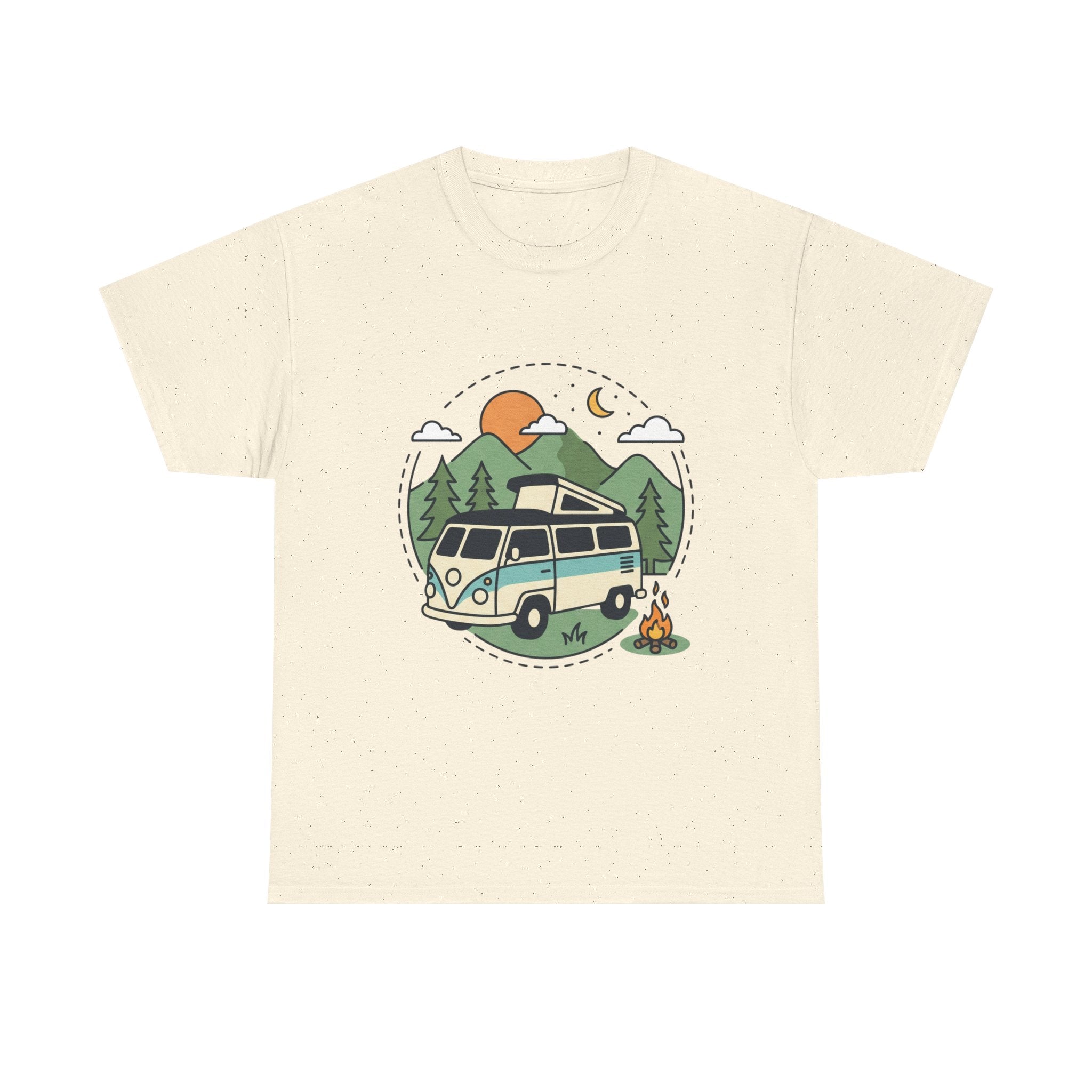 Camper Van Camping T‑Shirt — Retro Van, Mountains & Campfire Tee