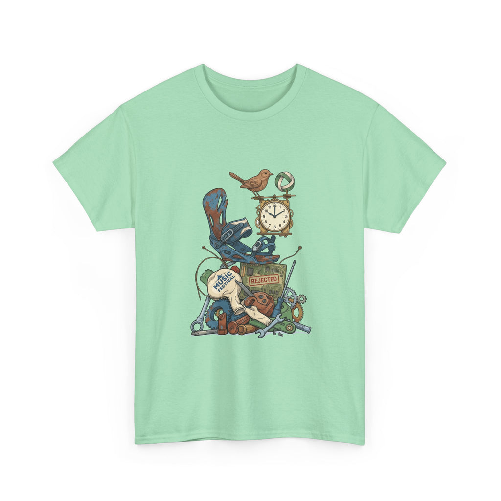 Vintage Hobbies Stack T-Shirt — Retro Clock, Guitar & Tools Illustration
