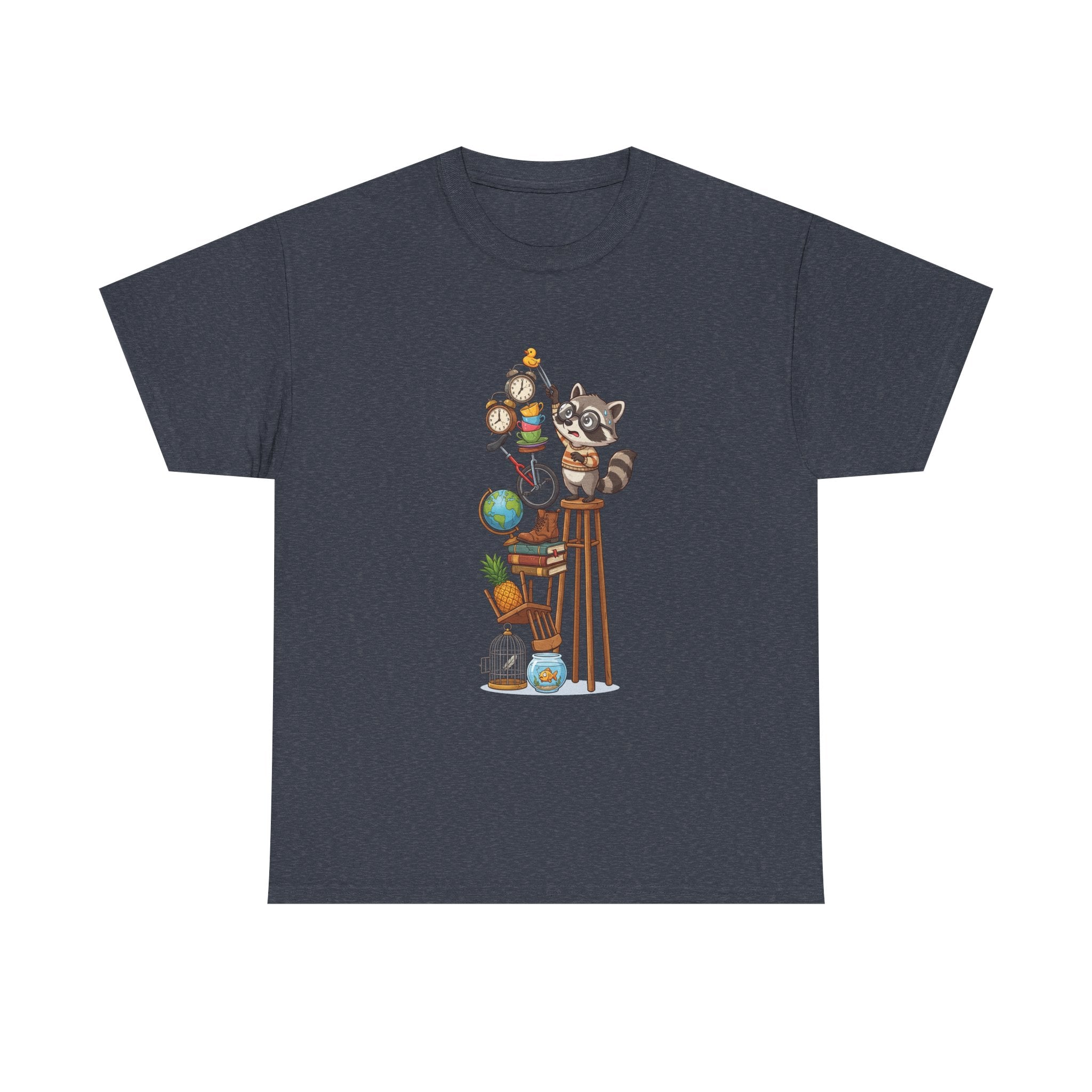 Raccoon & Curiosity Shelf T‑Shirt — Cute Scientist Animal Stack Graphic Tee