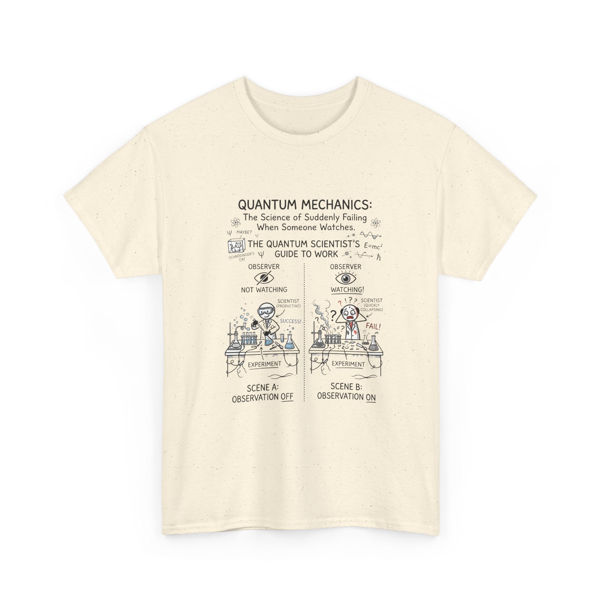 Quantum Mechanics Cartoon T‑Shirt — Funny Science Diagram Tee