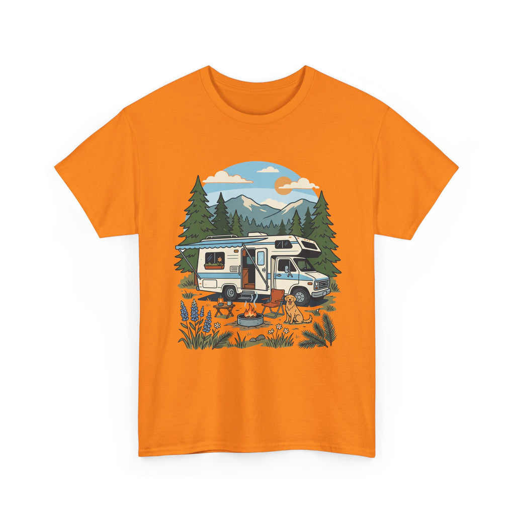 Camper Van Camping T‑Shirt — Retro RV Campfire Graphic Tee for Outdoors Lovers