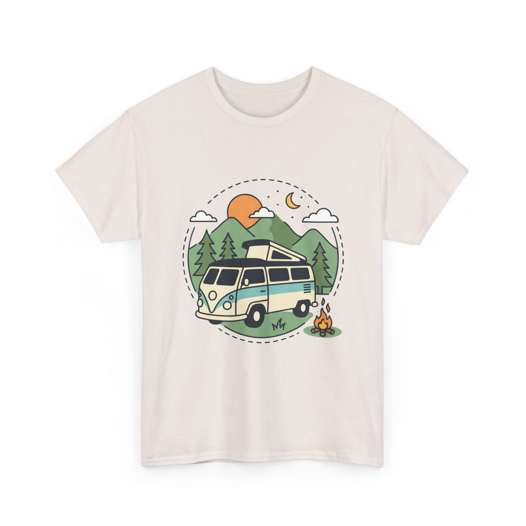 Camper Van Camping T‑Shirt — Retro Van, Mountains & Campfire Tee