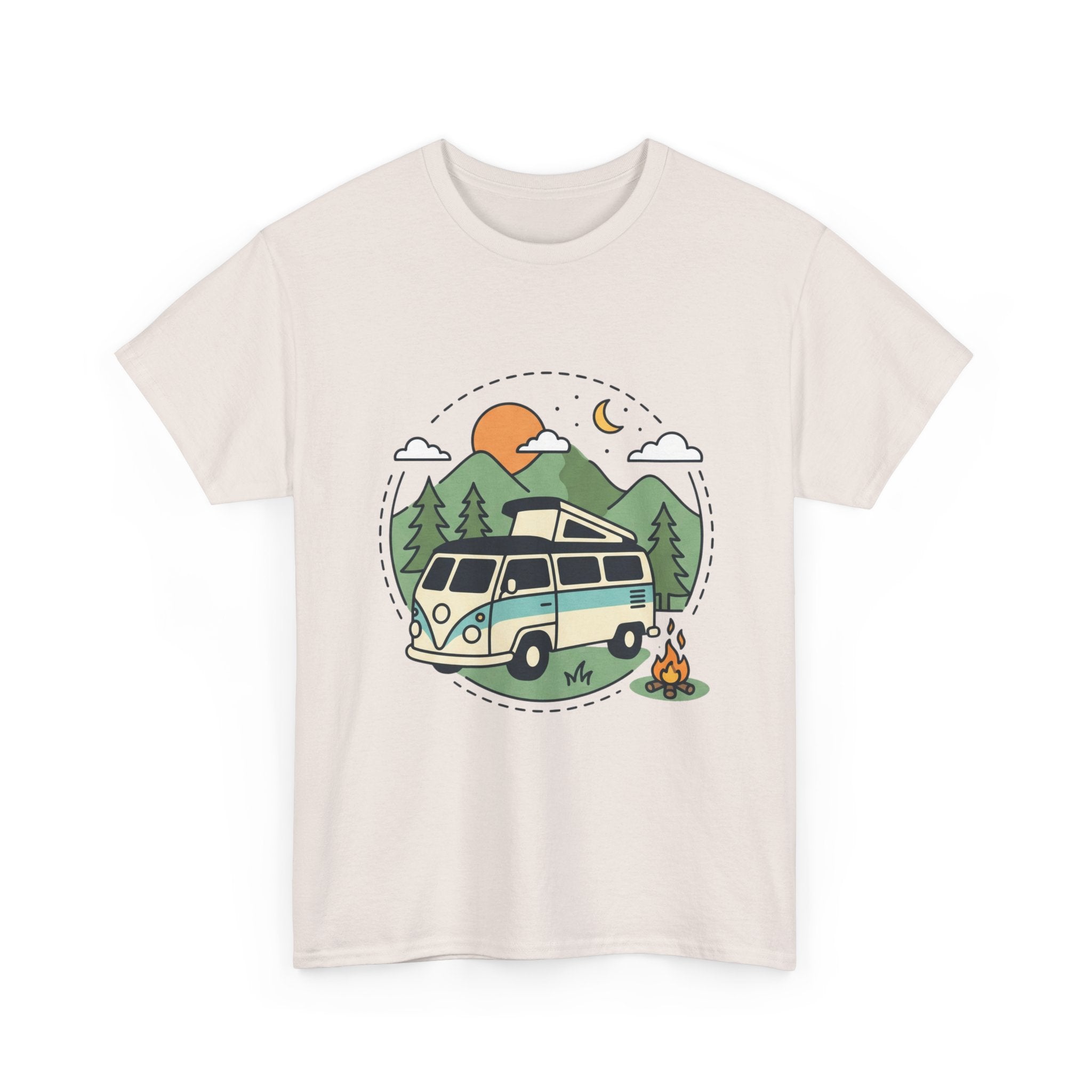 Camper Van Camping T‑Shirt — Retro Van, Mountains & Campfire Tee